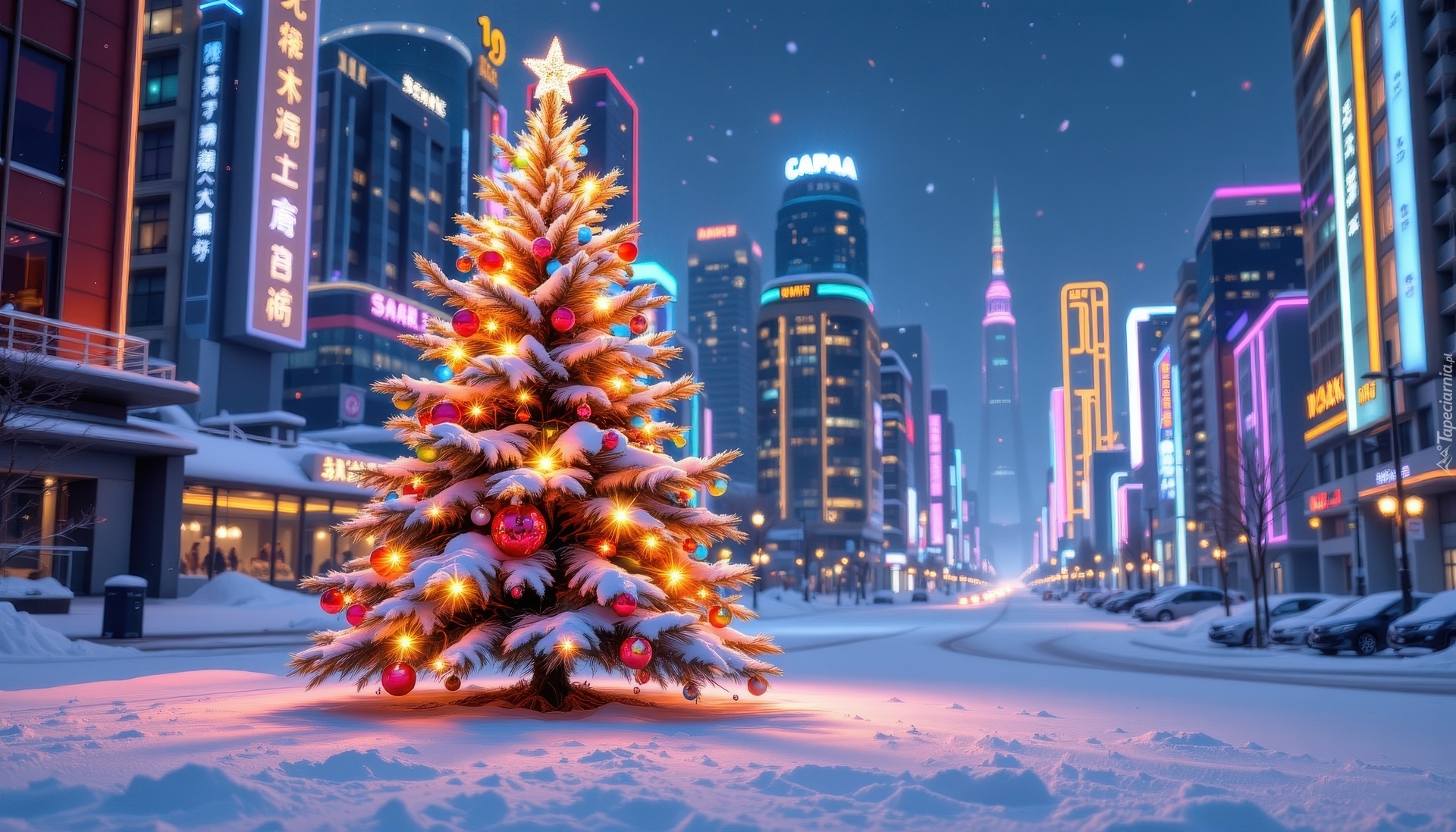 Miasto, Wieżowce, Zima, Boże Narodzenie, Choinka
