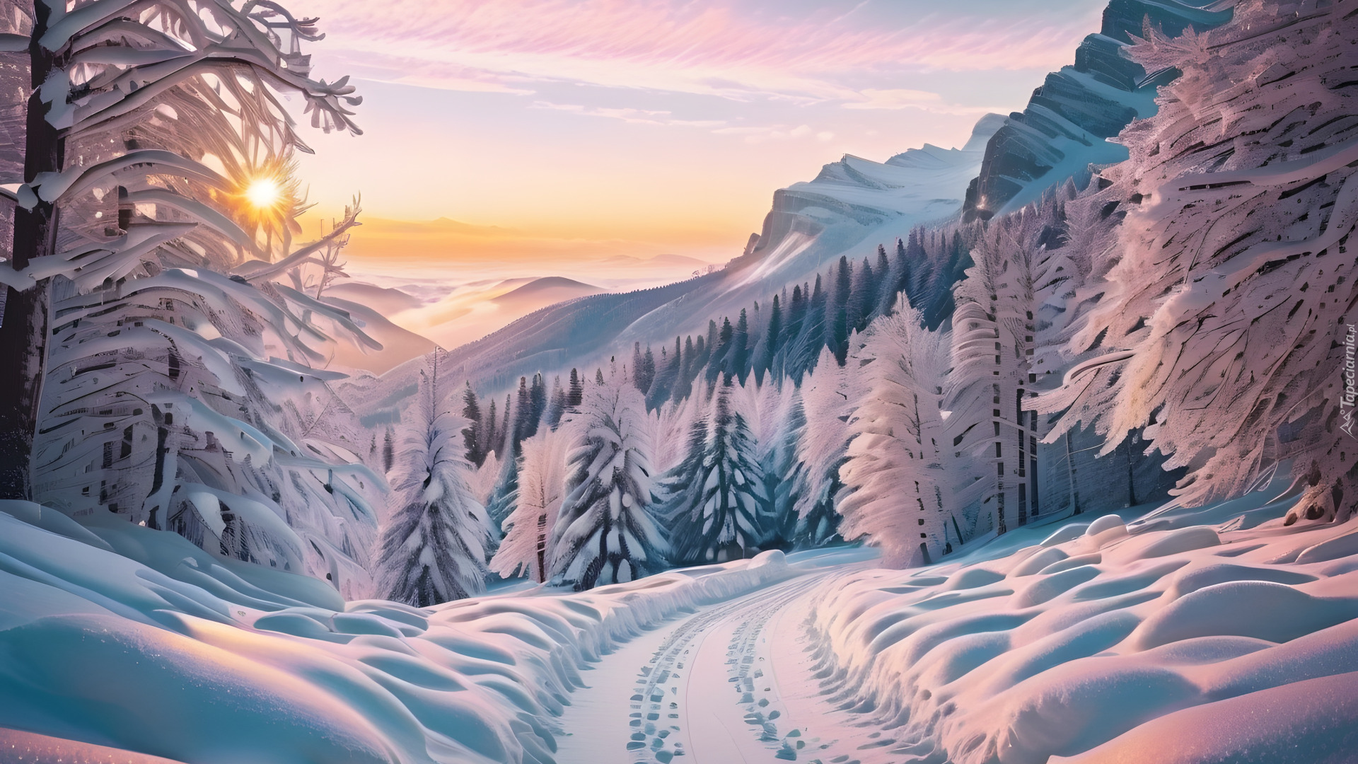 Zima, Droga, Drzewa, Góry, Zachód słońca