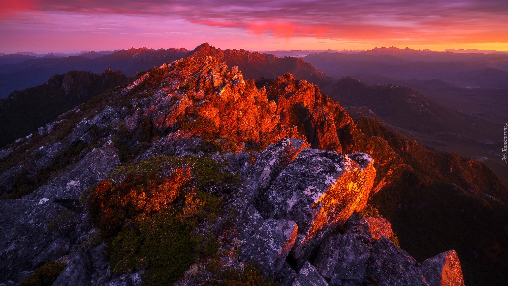 Zachód słońca, Skały, Szczyty, Góry, Arthur Range, Tasmania, Australia