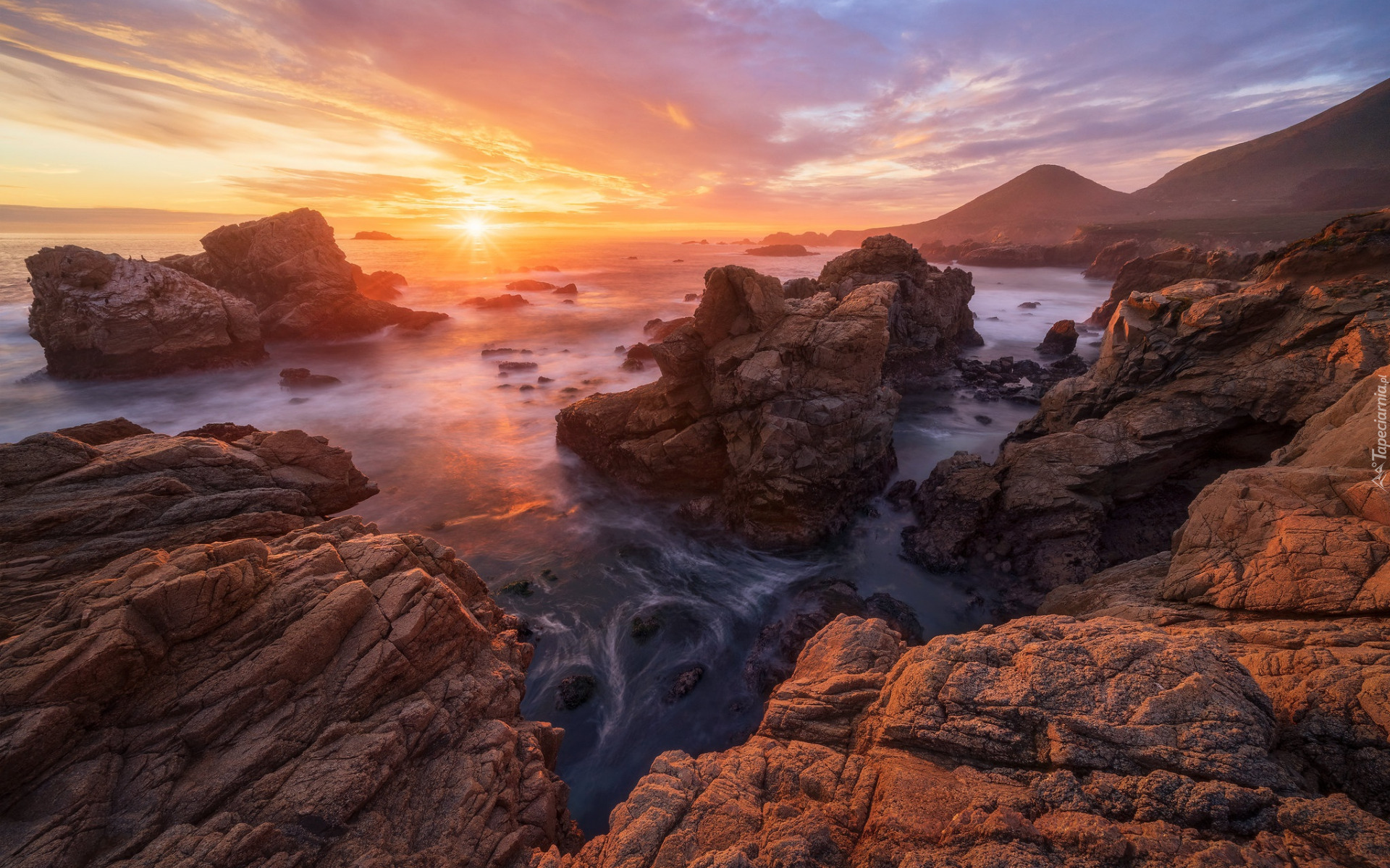 Stany Zjednoczone, Kalifornia, Big Sur, Morze, Skały, Góra, Kamienie, Zachód słońca