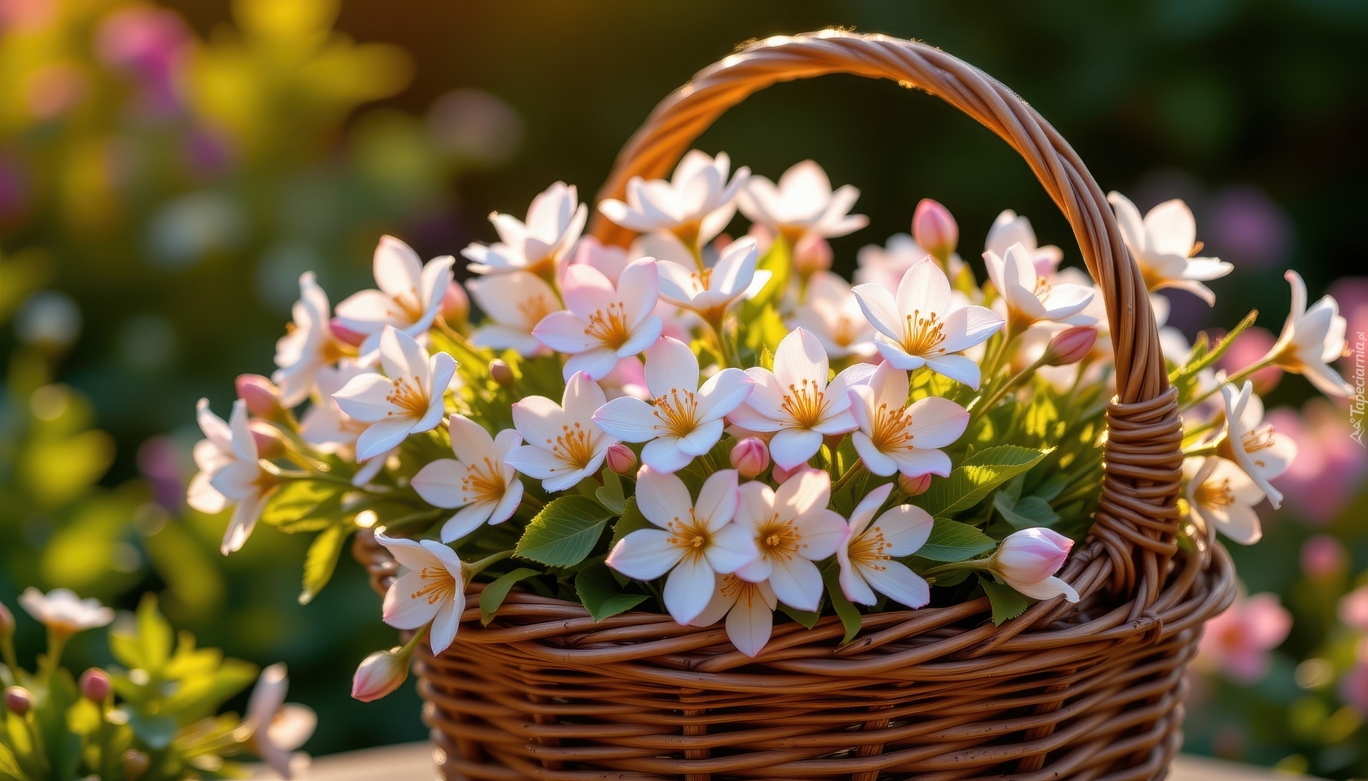 Różowe, Drobne, Kwiaty, Wiklinowy, Koszyk