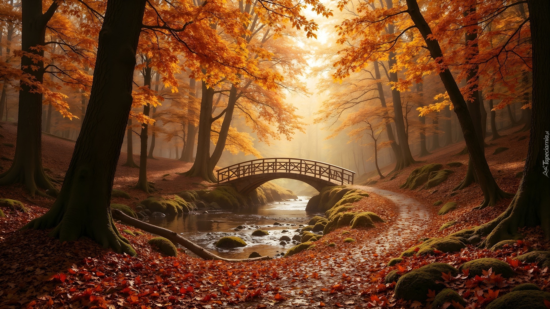 Jesień, Las, Mostek, Rzeka, Drzewa, Pożółkłe, Liście, Ścieżka, AI