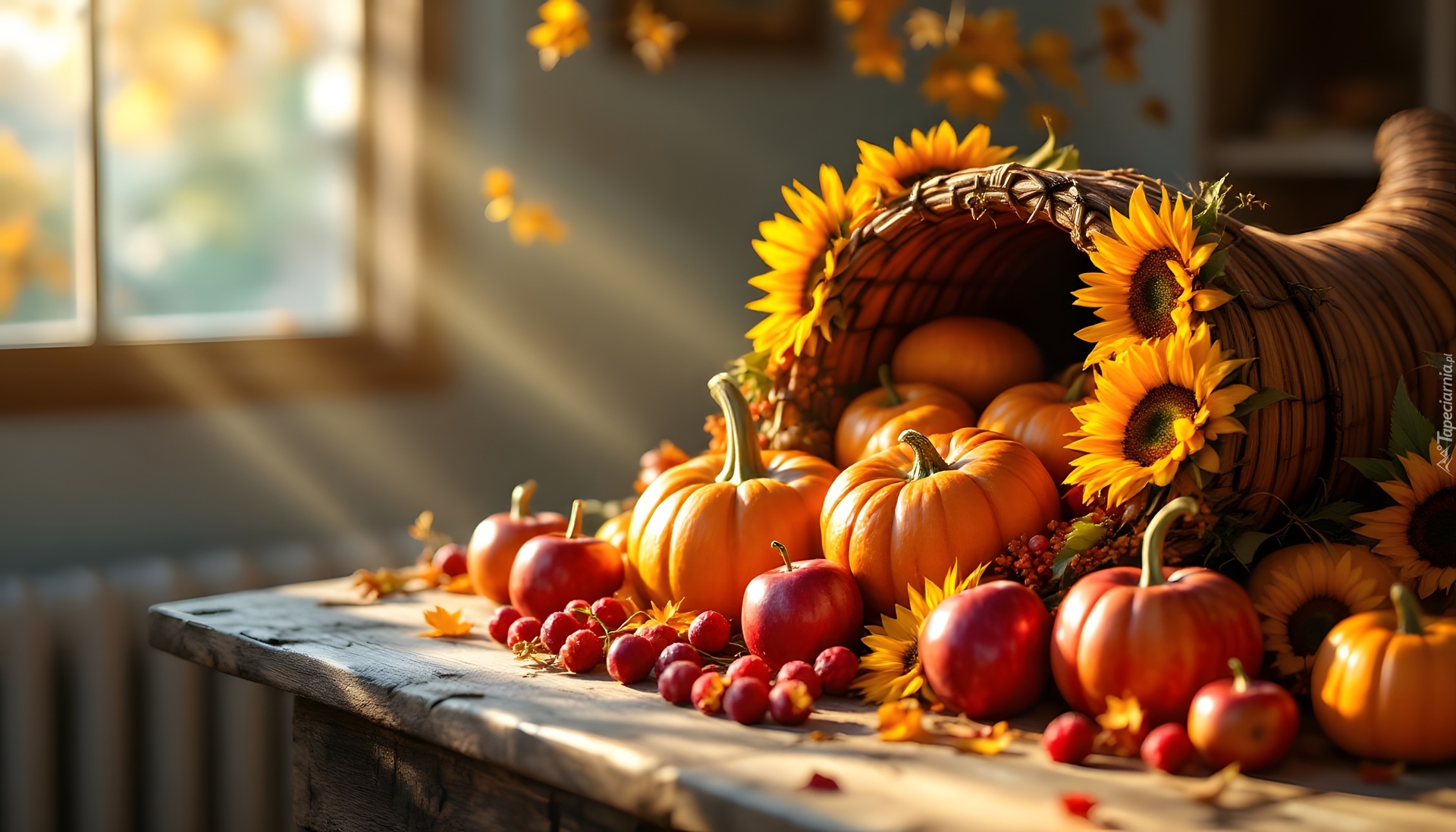 Dynie, Jabłka, Słoneczniki, Kosz, Okno, Światło, Grafika AI