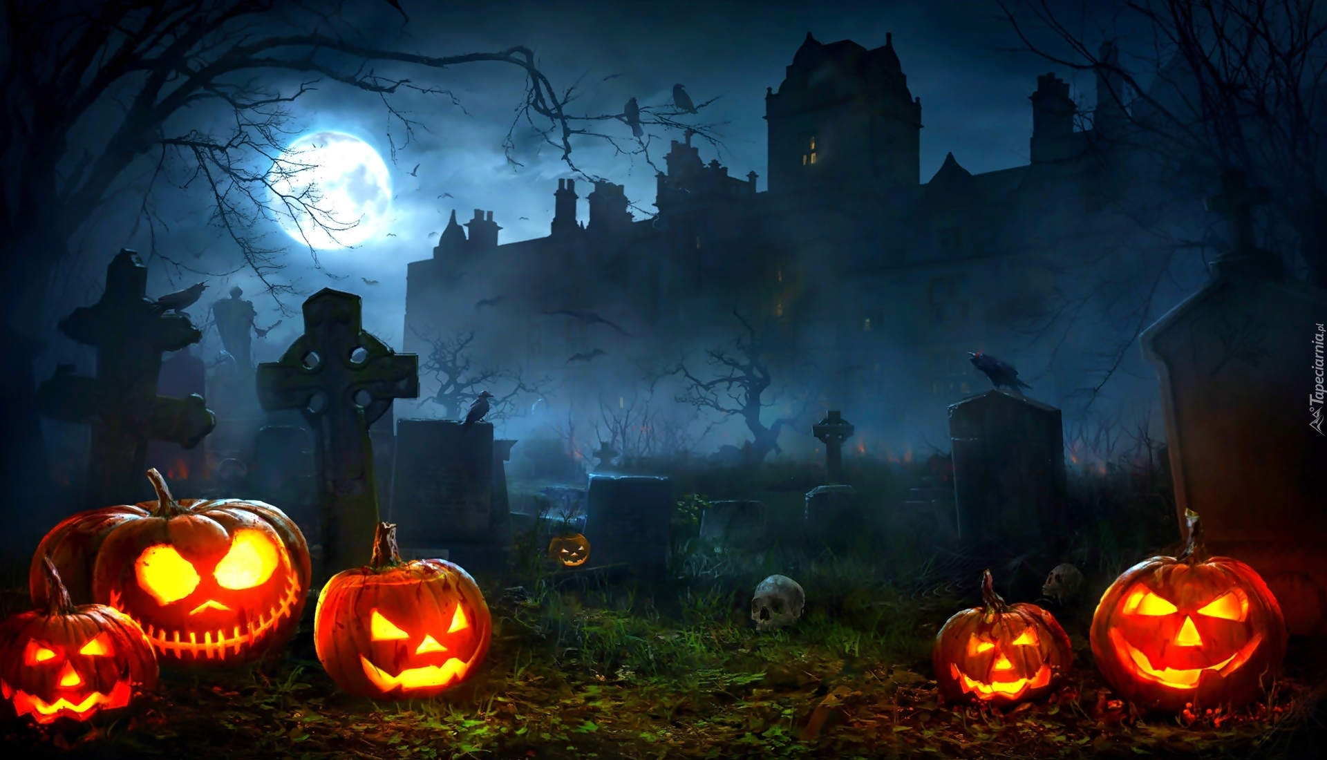 Halloween, Cmentarz, Dynie, Mgła, Zamek, Noc, Księżyc