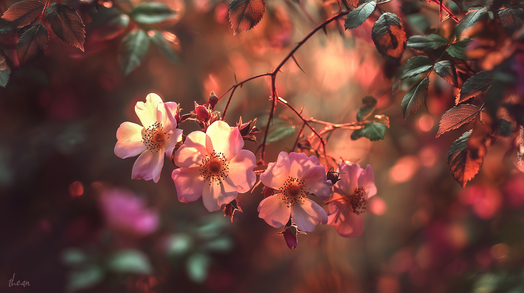 Dzika róża, Różowe, Kwiaty, Gałązki, Liście, Grafika AI