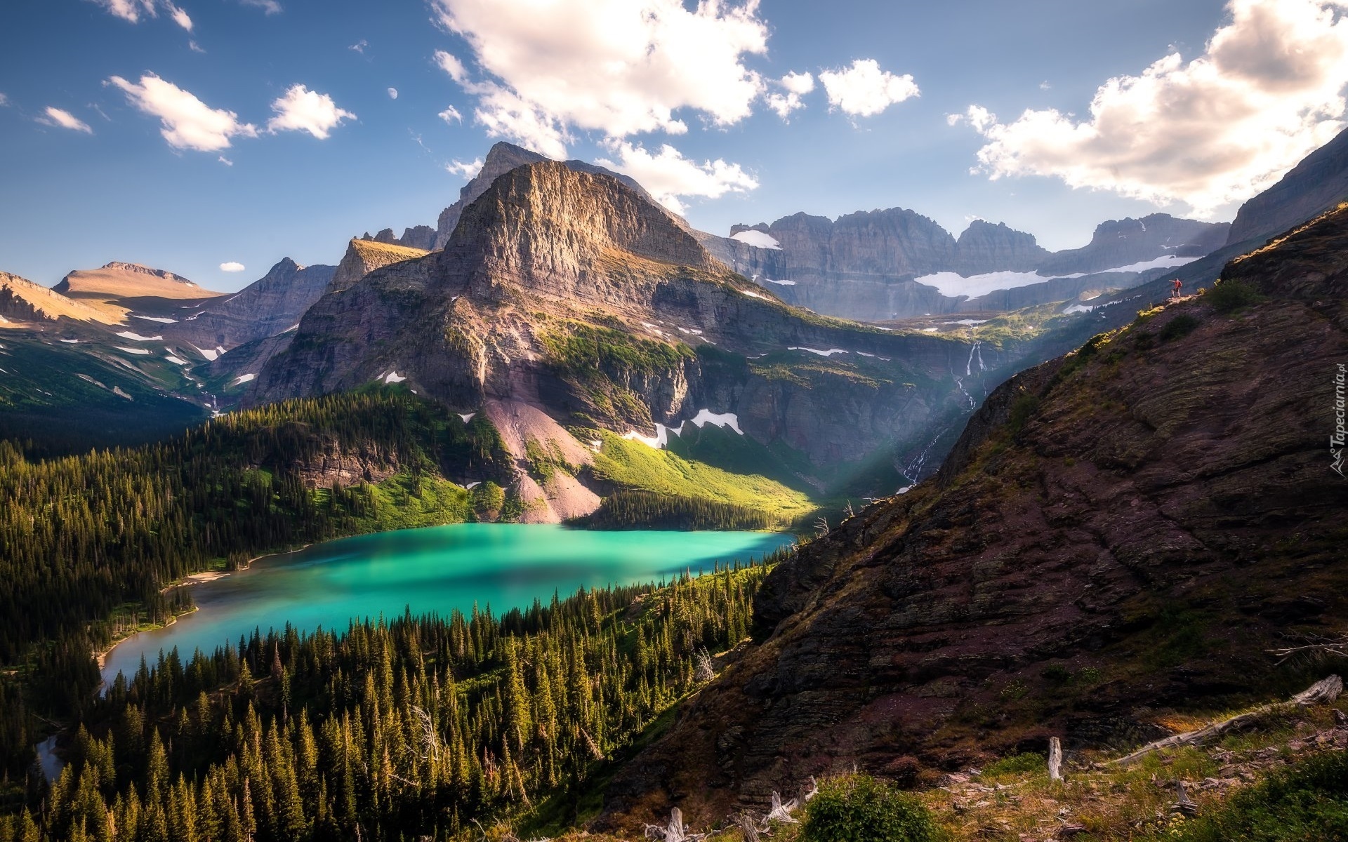 Jezioro, Grinnell Lake, Park Narodowy Glacier, Góry, Chmury, Drzewa, Skały, Stan Montana, Stany Zjednoczone