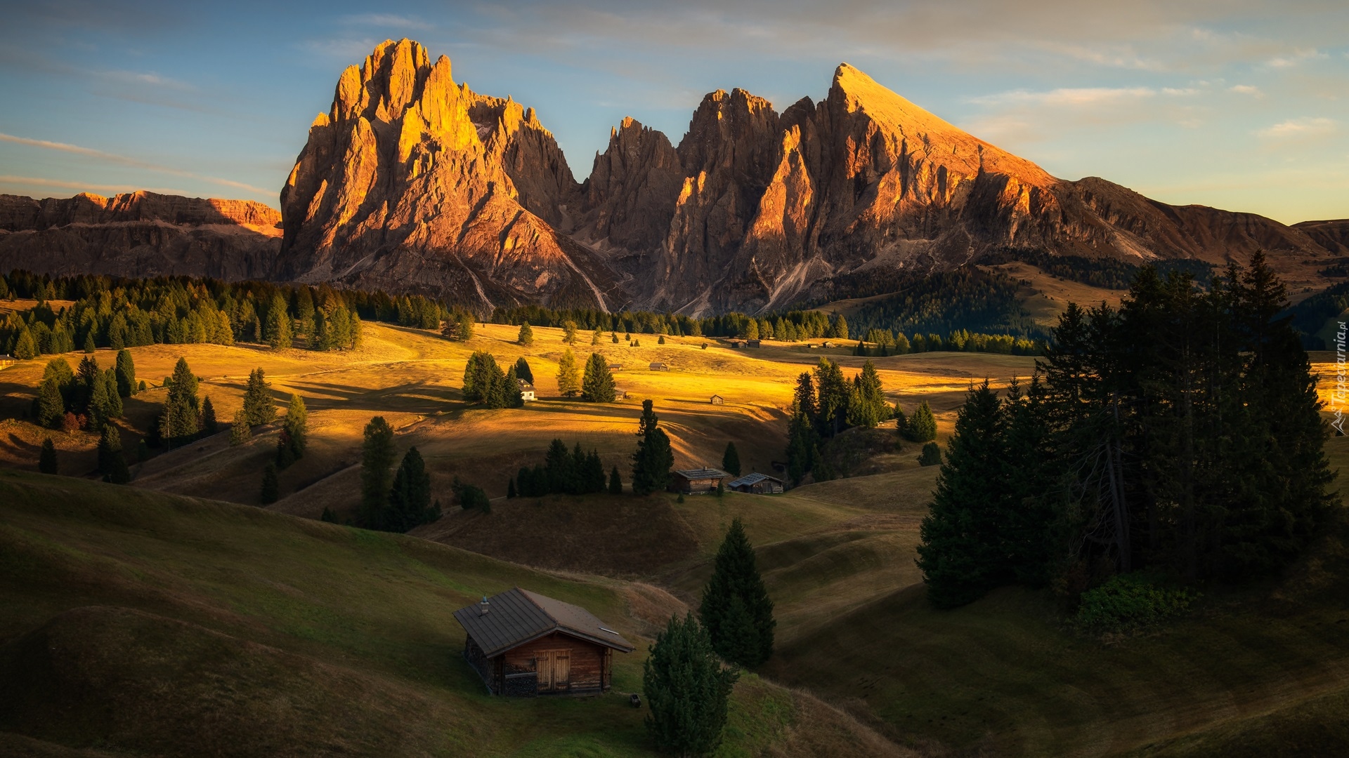 Dolomity, Góry Sassolungo, Płaskowyż Seiser Alm, Dolina, Val Gardena, Drzewa, Drewniane, Domy, Włochy