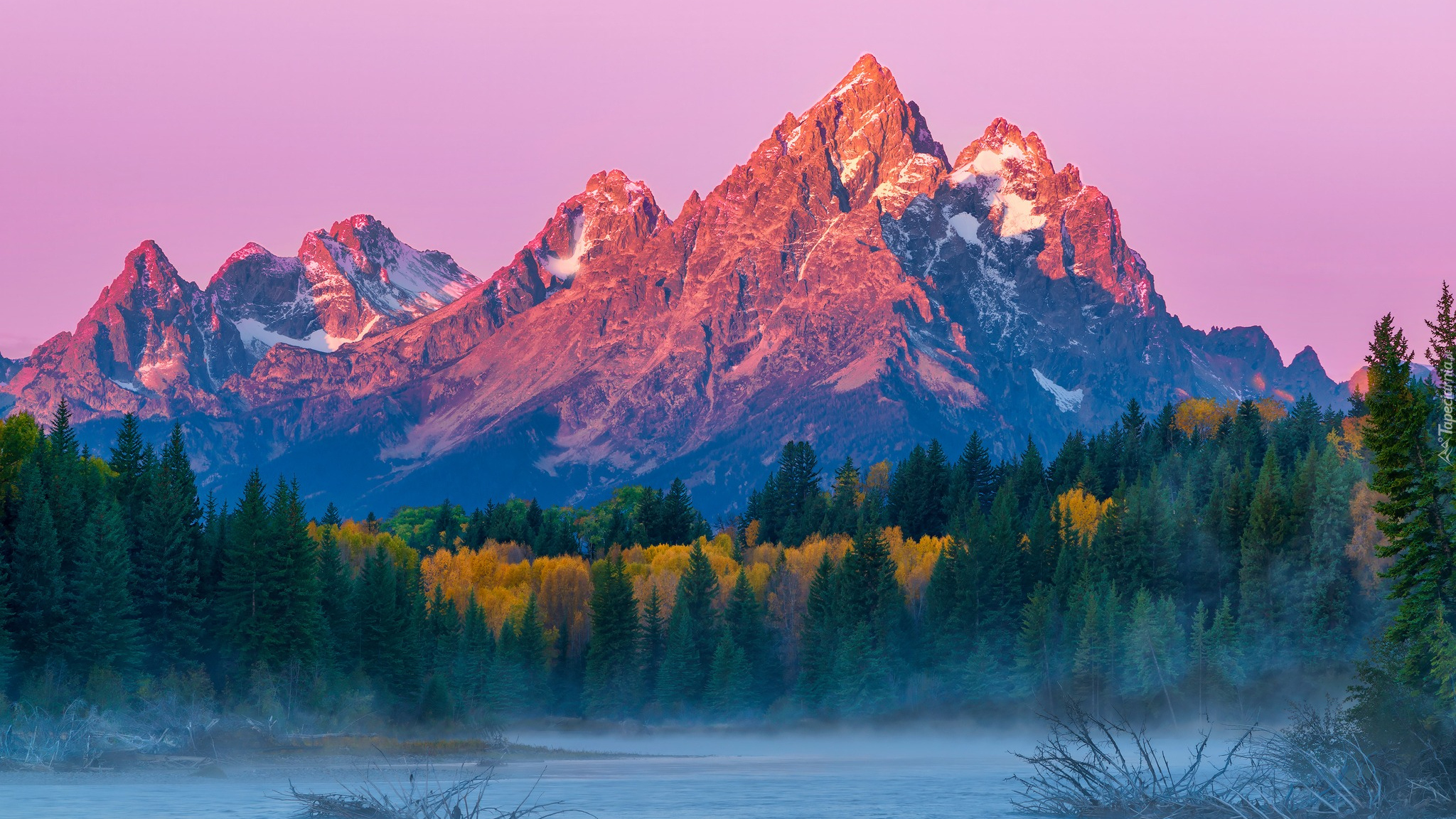 Stany Zjednoczone, Stan Wyoming, Park Narodowy Grand Teton, Góry, Teton Range, Rzeka, Drzewa, Jesień