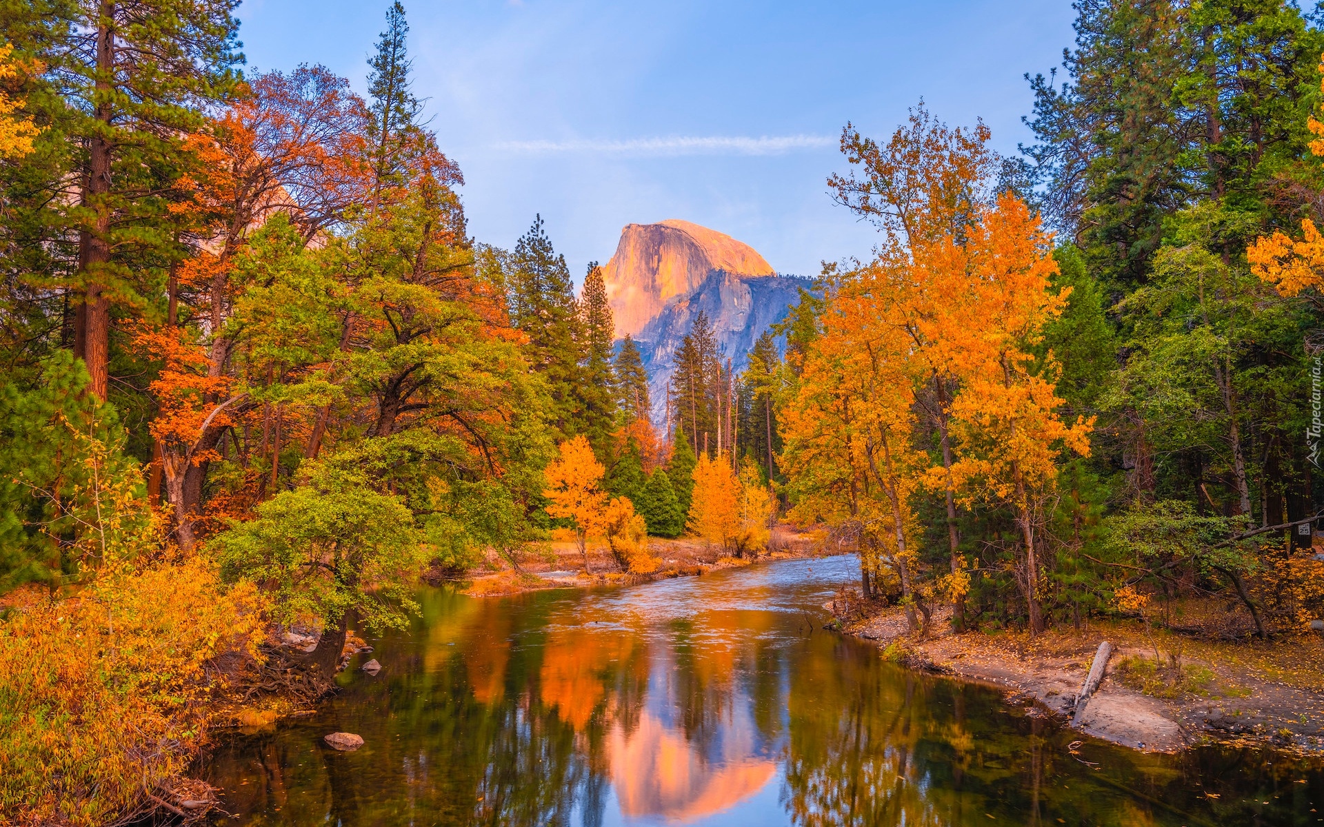 Stany Zjednoczone, Kalifornia, Park Narodowy Yosemite, Jesień, Rzeka, Merced River, Drzewa, Góra Half Dome