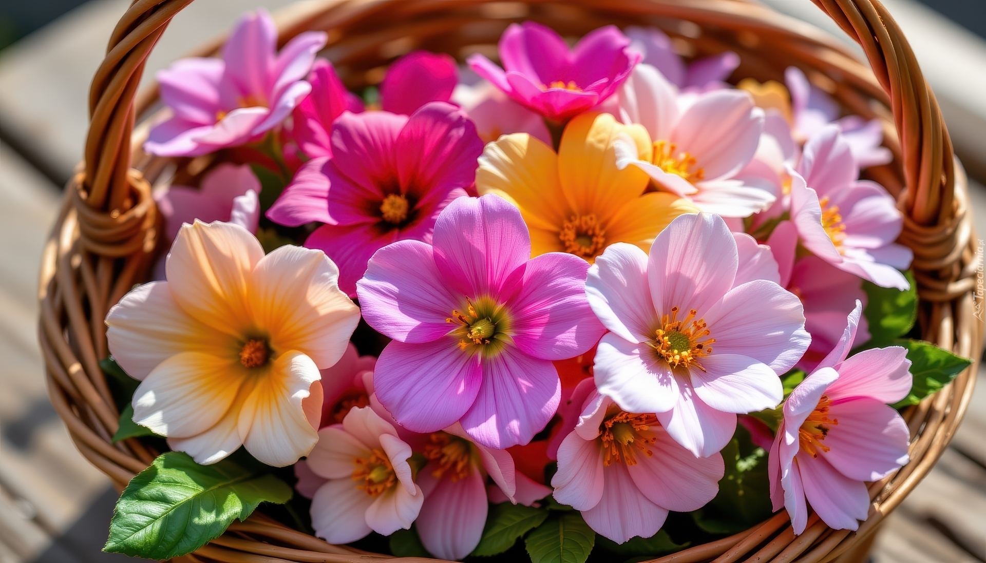 Różowe, Żółte, Kremowe, Kwiaty, Koszyk, Wiklinowy