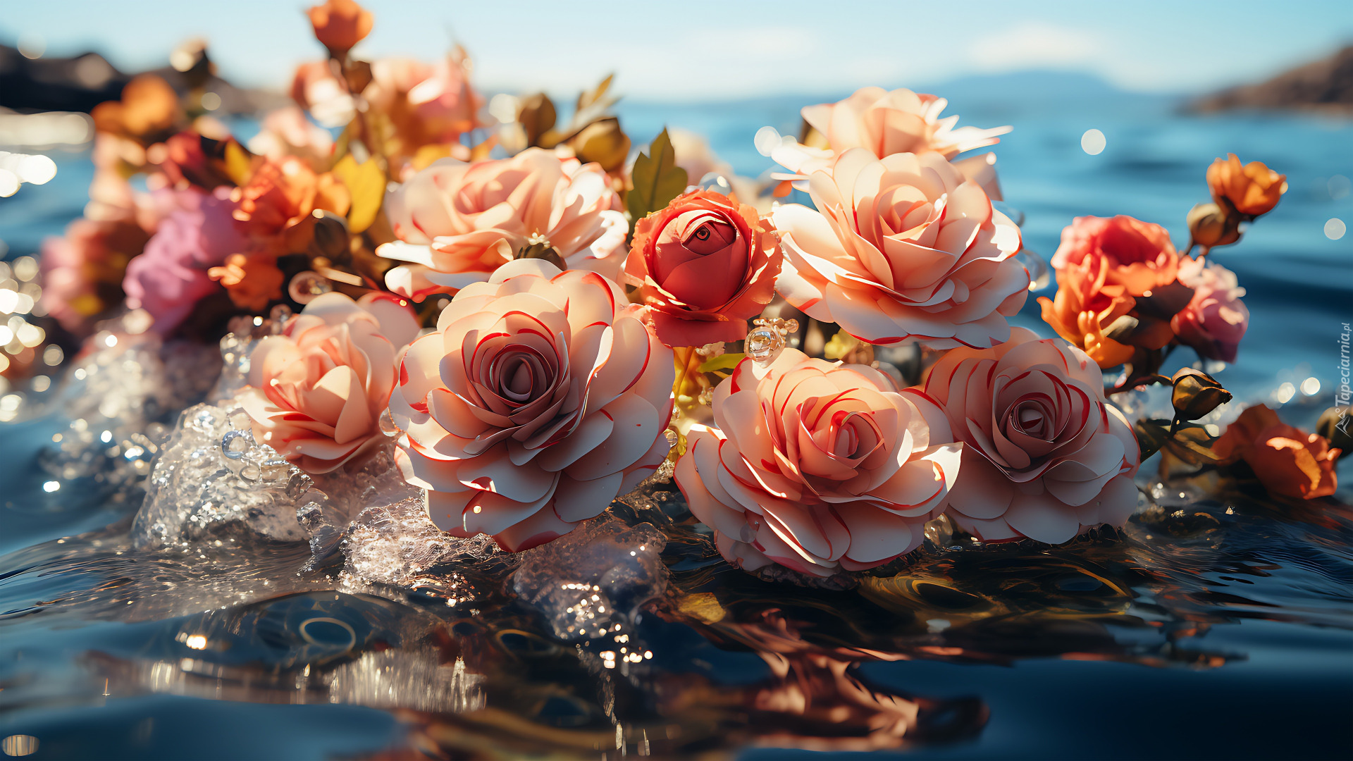 Kwiaty, Róże, Woda, 2D