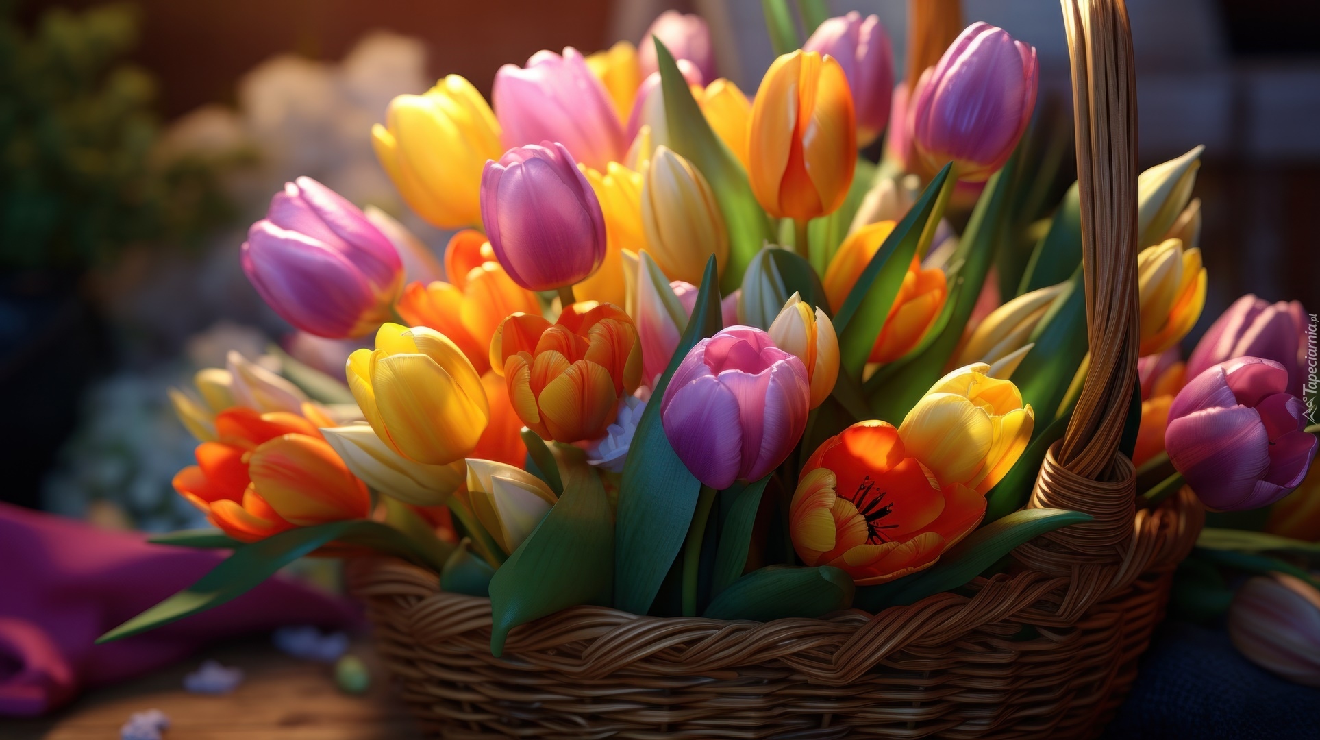 Tulipany, Kolorowe, Kwiaty, Koszyk, Światło