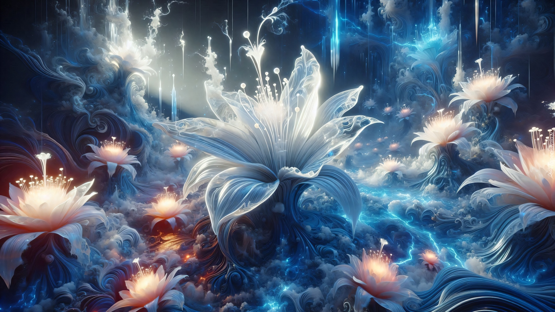 Kwiaty, Niebieskie, Grafika, Dym