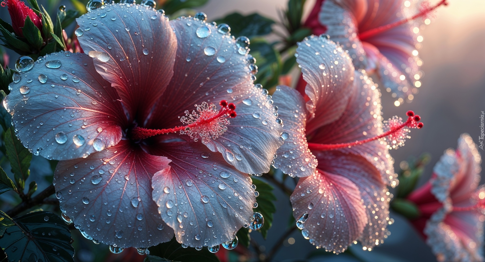 Hibiskusy, Mokre, Kwiaty, Krople, Grafika