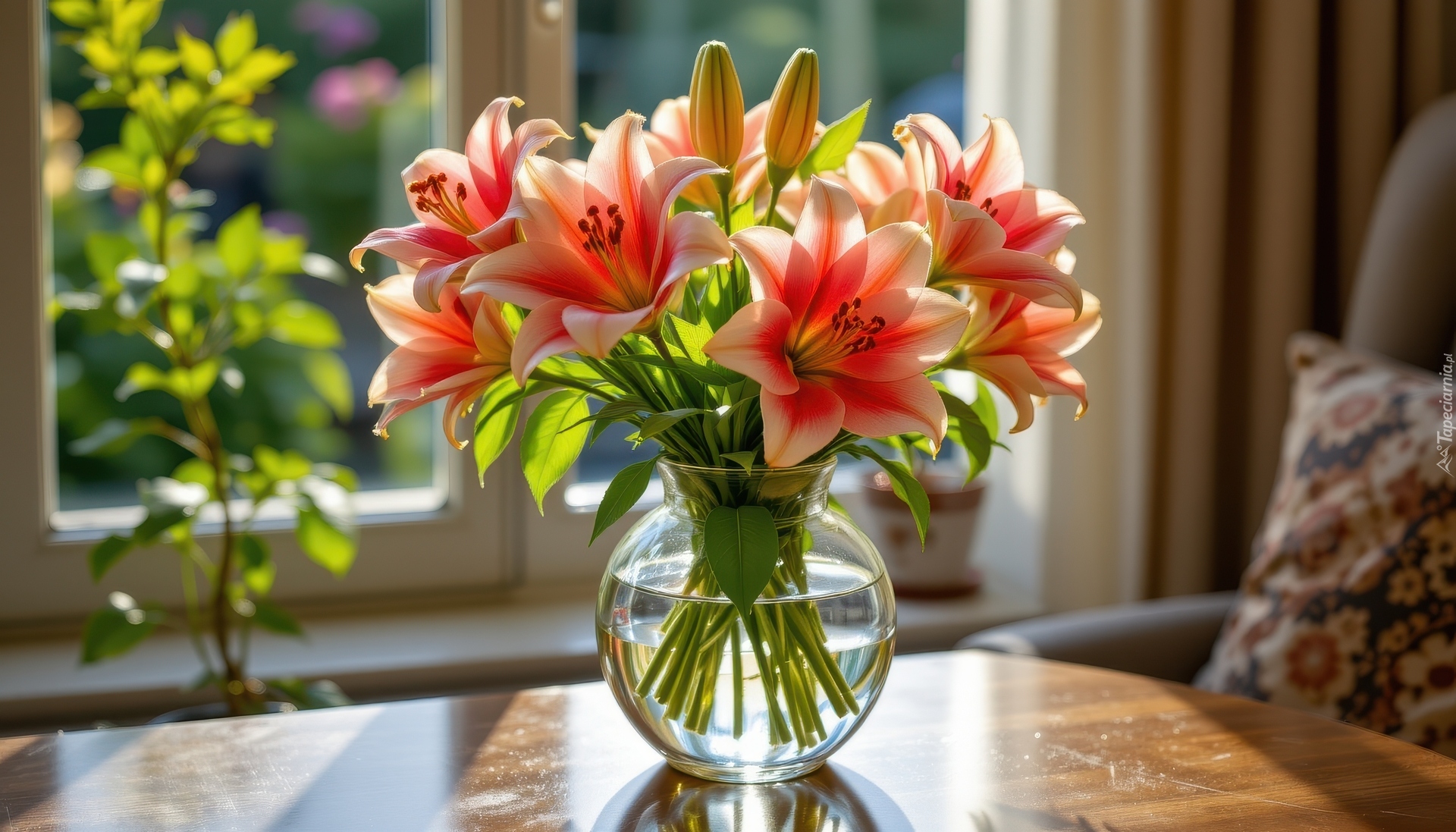 Kwiaty, Pomarańczowe, Lilie, Szklany, Wazon, Stół, Okno