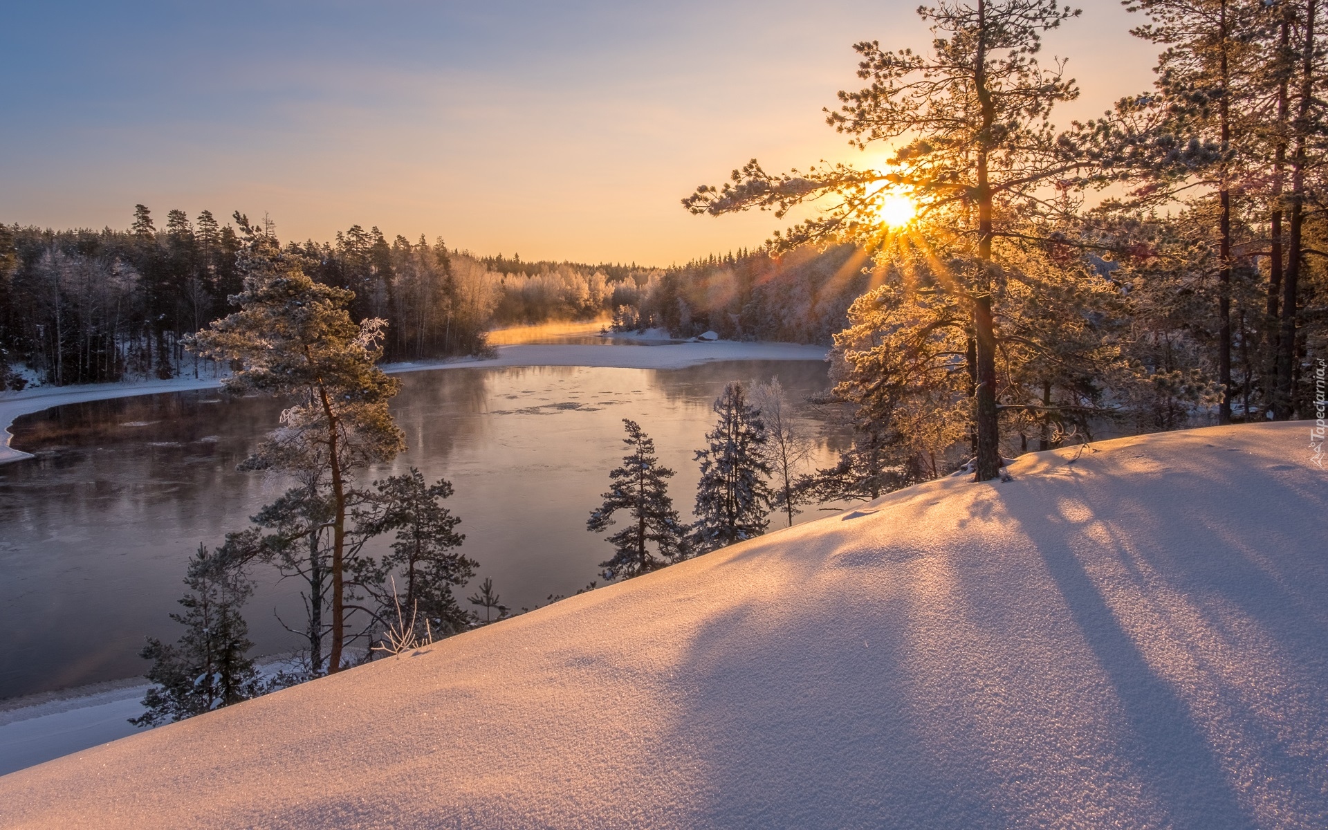 Zima, Rzeka Kymijoki, Las, Drzewa, Promienie słońca, Finlandia