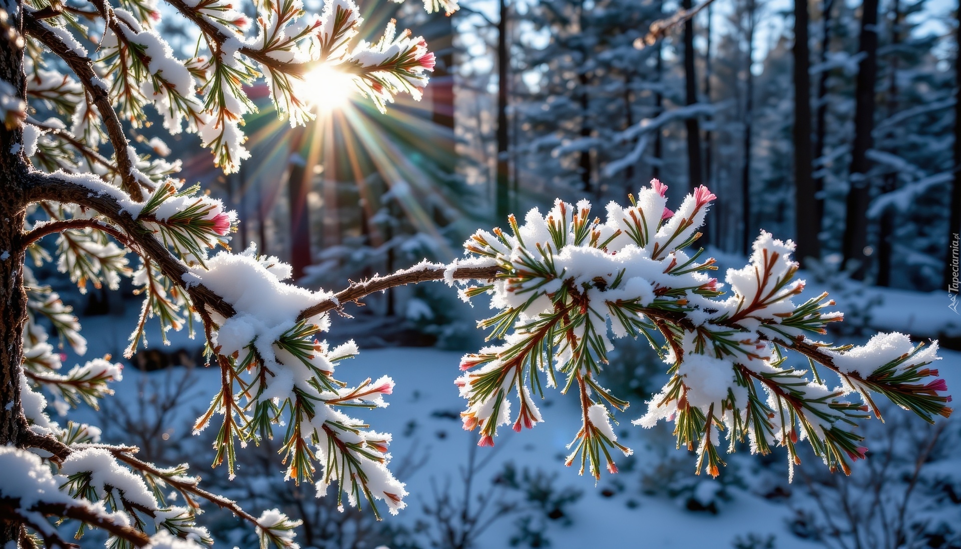 Gałęzie, Śnieg, Promienie słońca, Las, Grafika AI