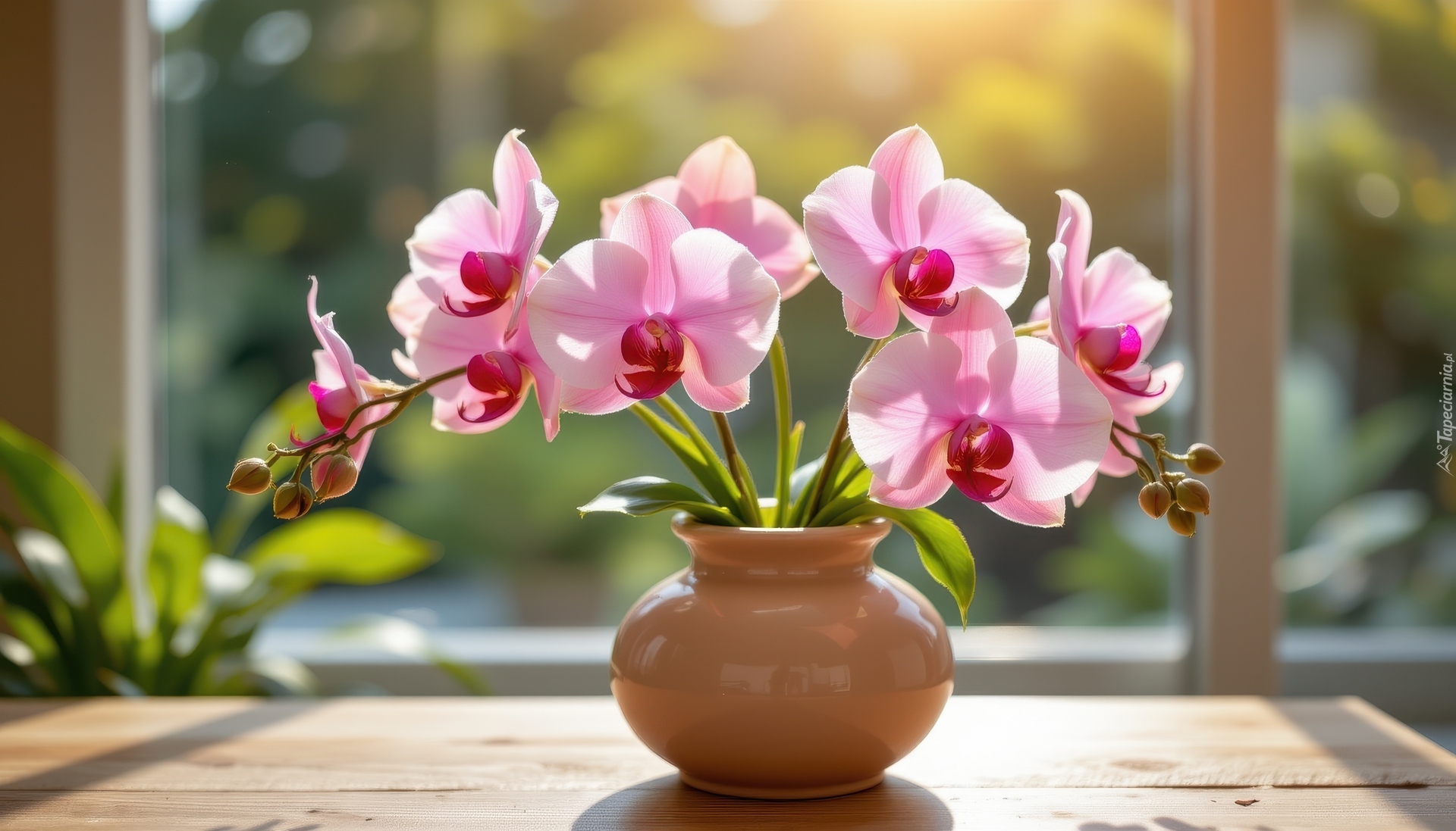 Kwiaty, Różowe, Storczyki, Orchidea, Wazon, Okno