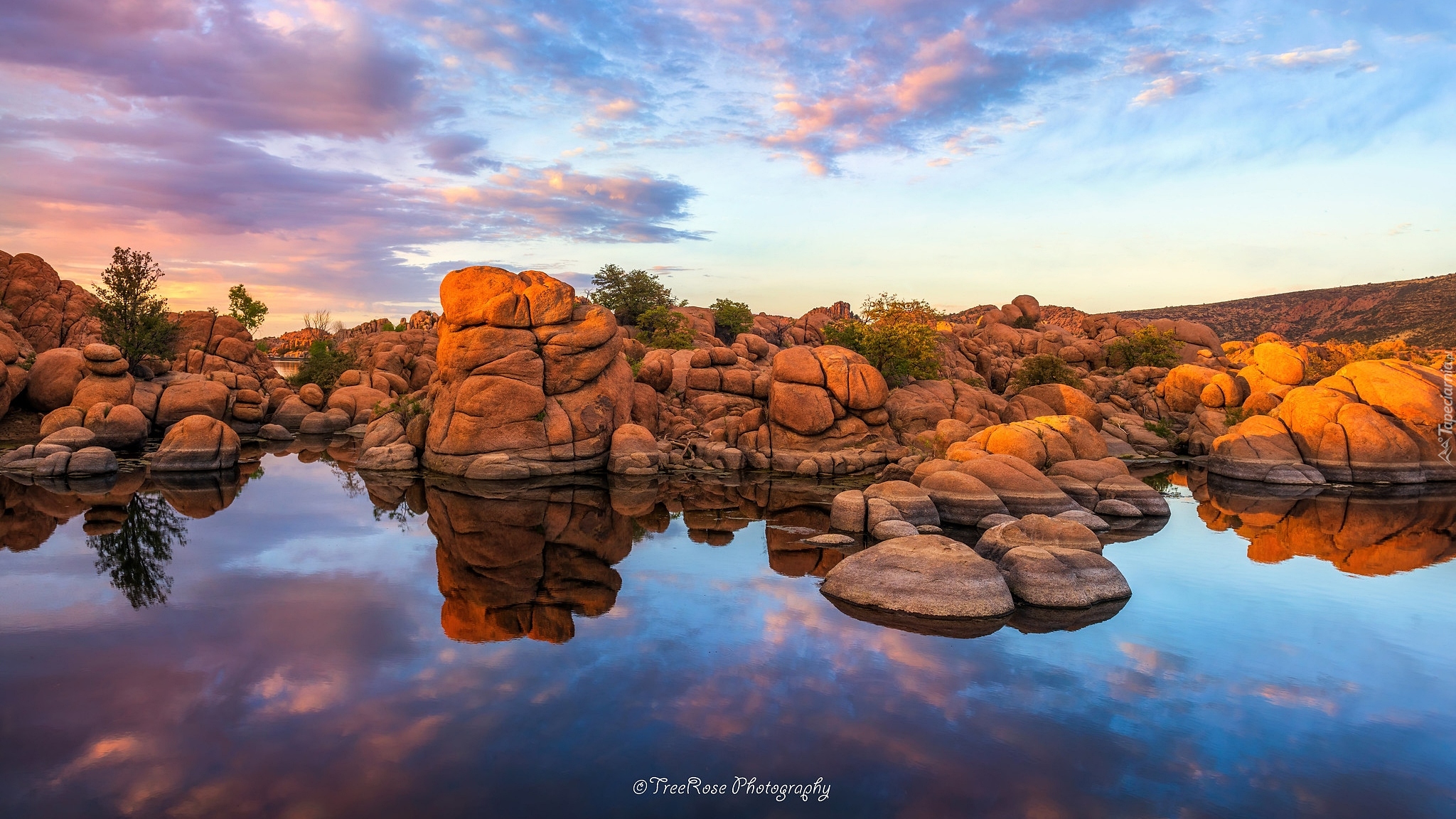 Skały, Drzewa, Jezioro, Watson Lake, Prescott, Arizona, Stany Zjednoczone