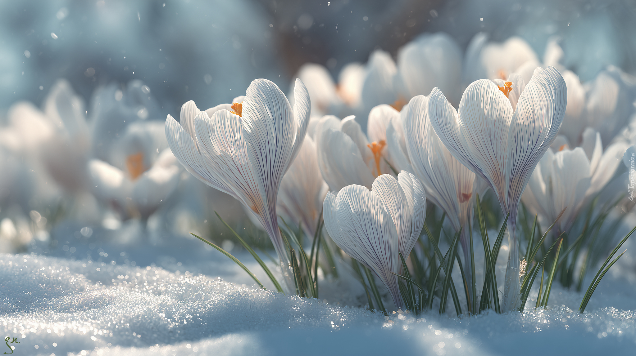 Białe, Krokusy, Śnieg, Grafika AI