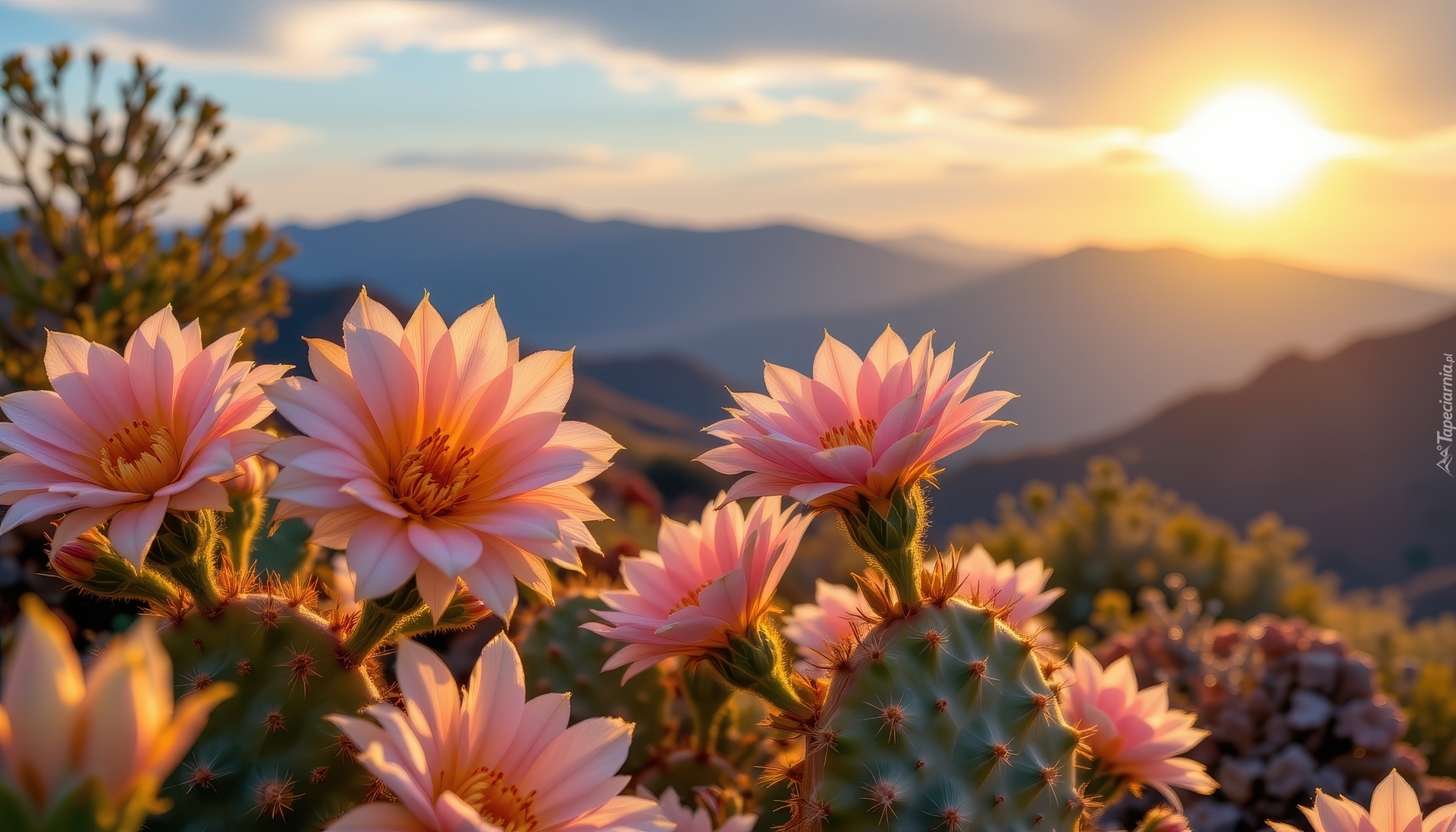 Różowe, Kwiaty, Kaktusy, Wschód słońca