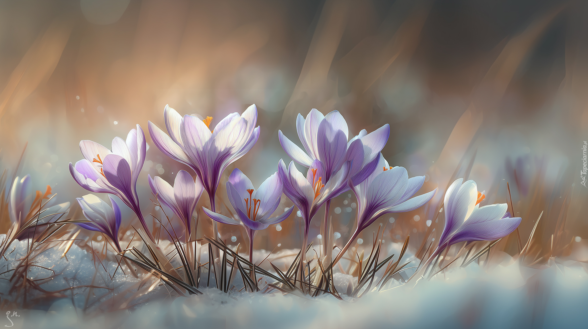 Liliowe, Krokusy, Kwiaty, Grafika AI