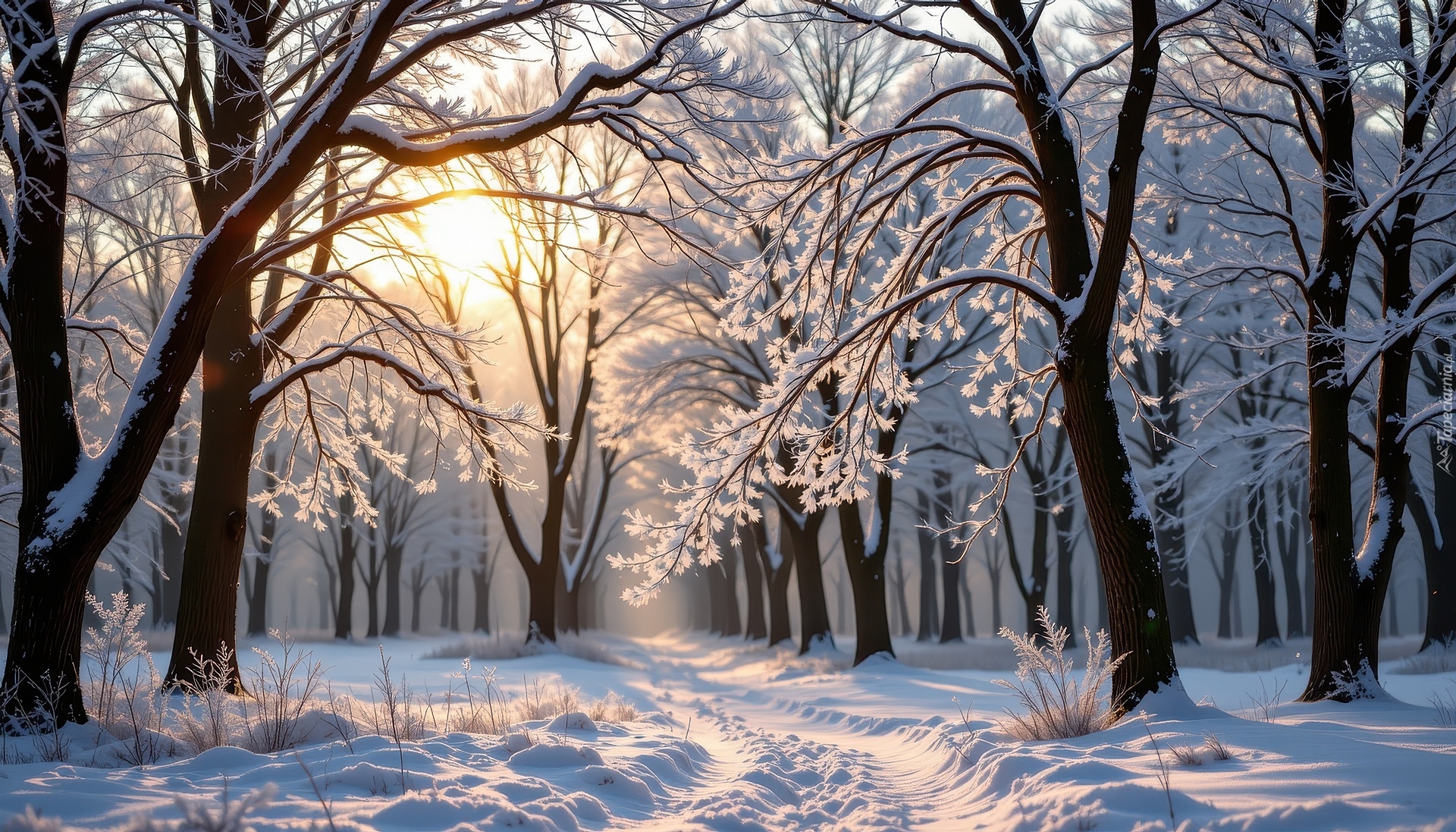 Zima, Las, Drzewa, Słońce, Grafika AI