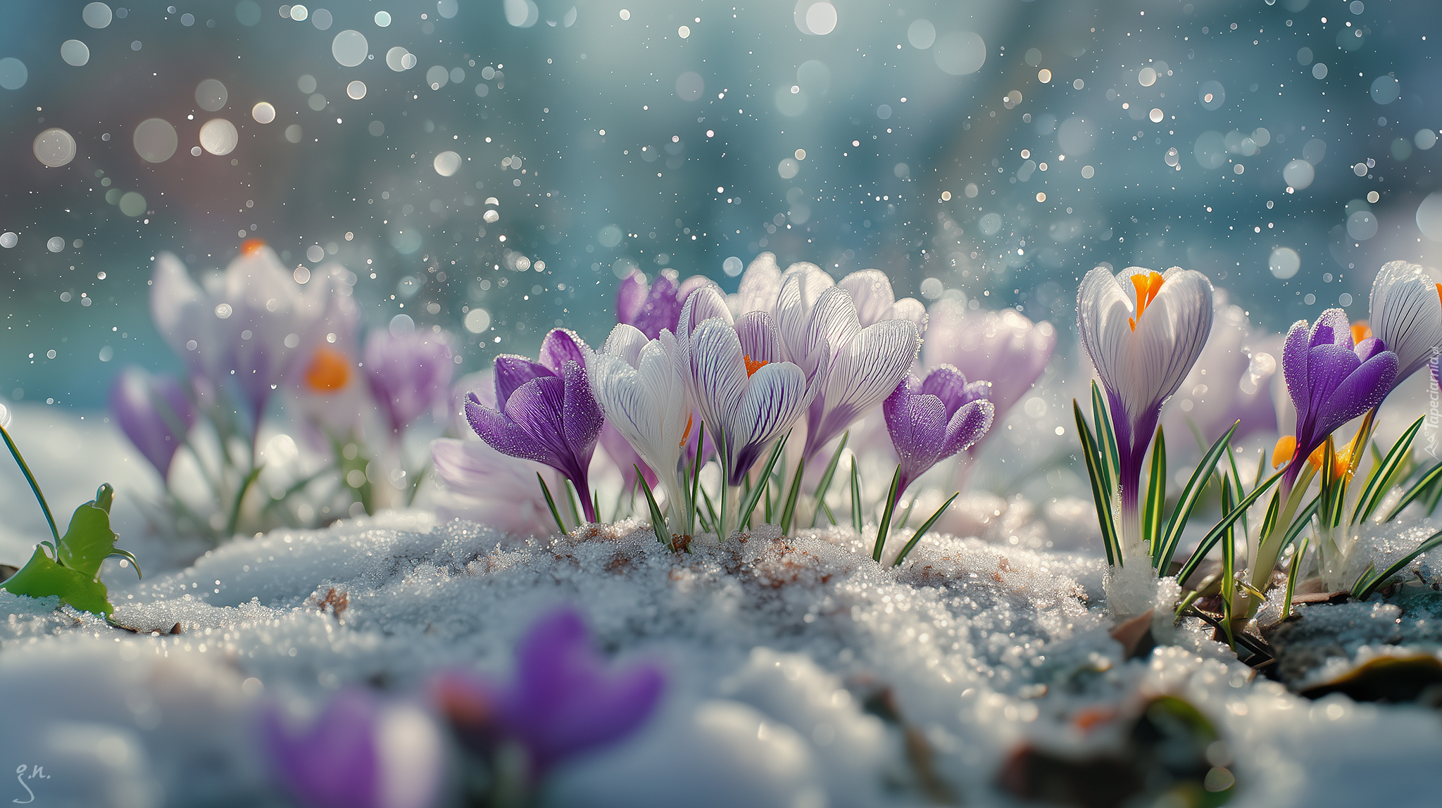 Fioletowe, Białe, Krokusy, Kwiaty, Śnieg, Zima, Grafika AI