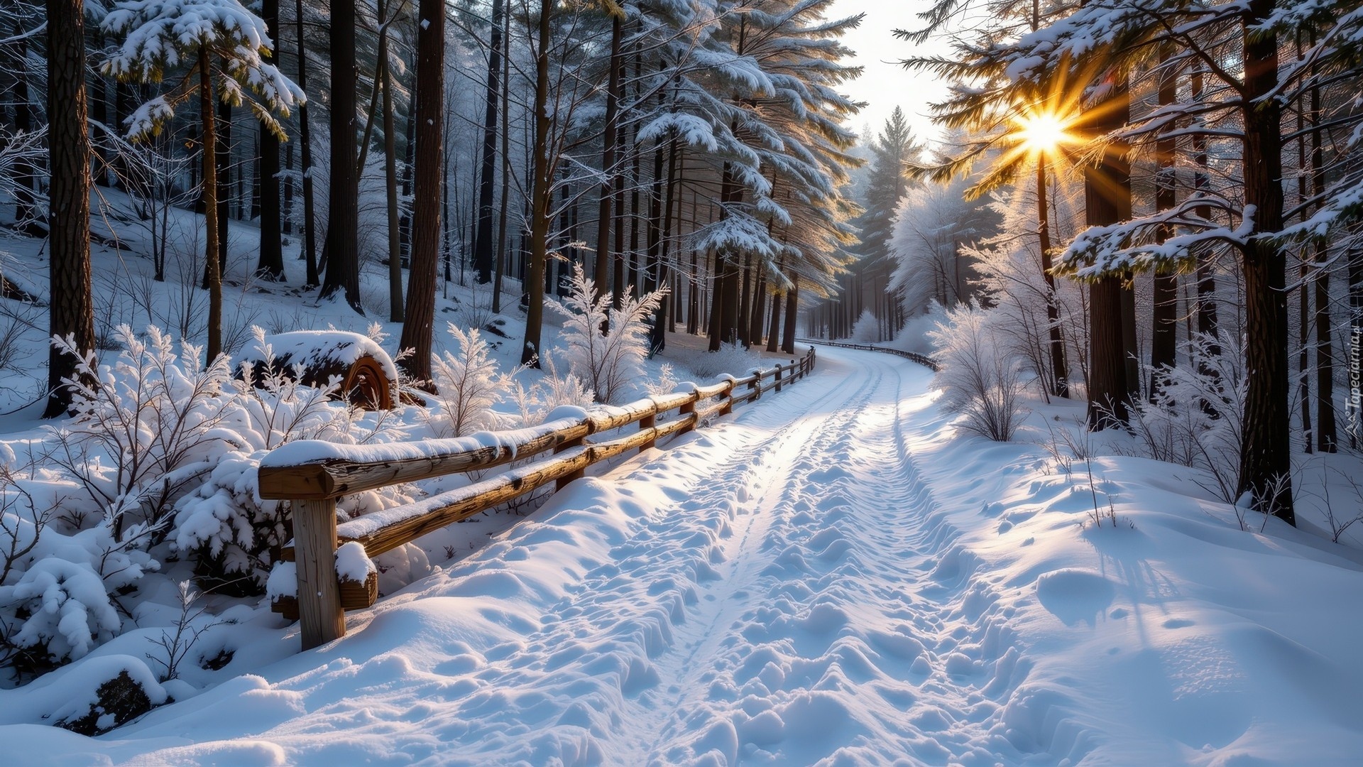 Zima, Las, Śnieg, Ośnieżona, Droga, Promienie słońca, Ogrodzenie