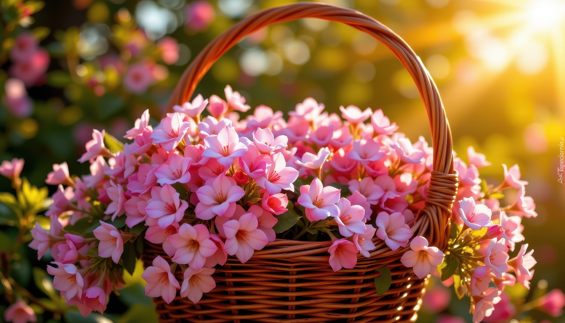 Różowe, Kwiaty, Wiklinowy, Koszyk