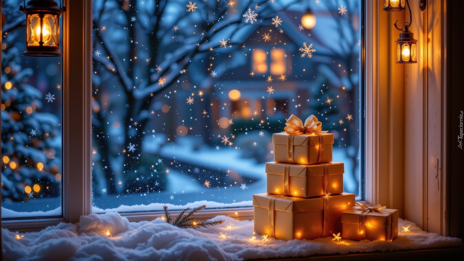 Okno, Śnieg, Zima, Prezenty, Lampiony