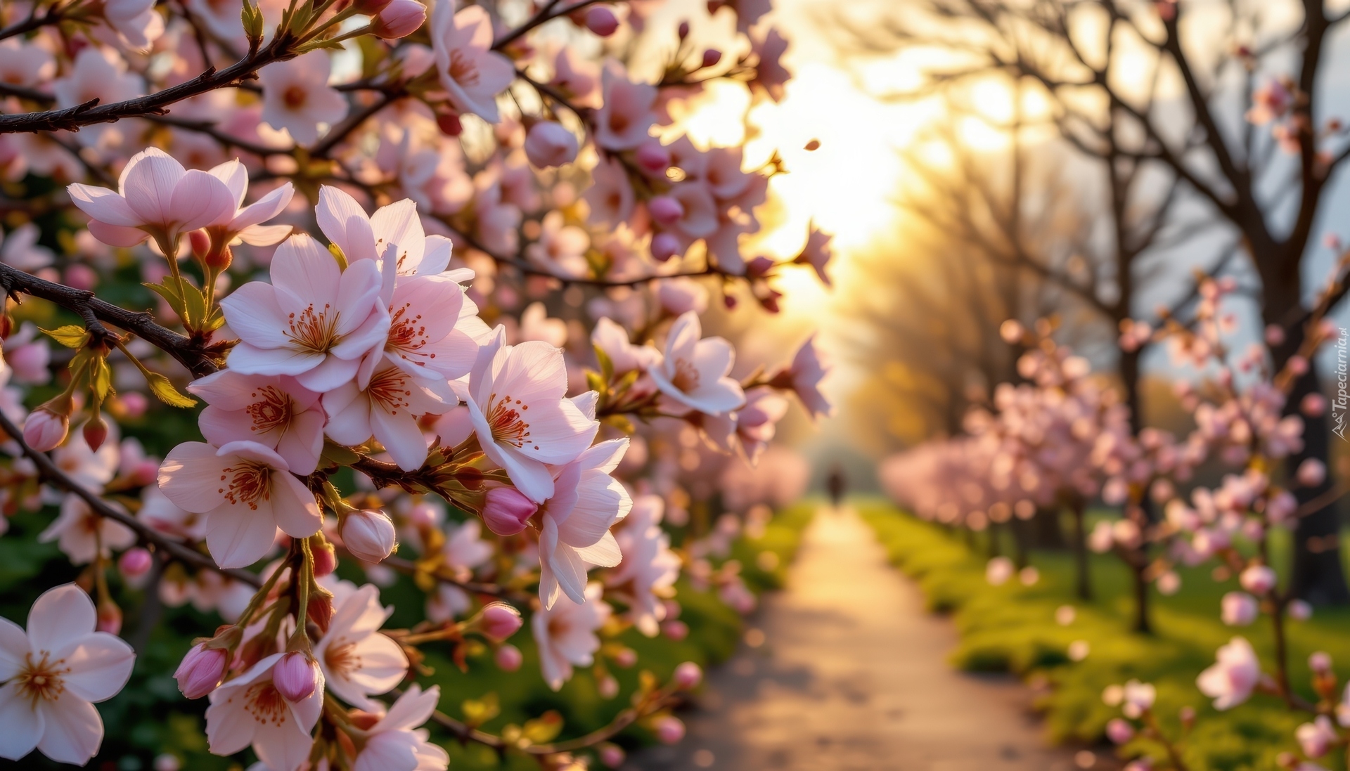 Kwitnące, Drzewa, Gałązki, Różowe, Kwiaty, Ścieżka, AI