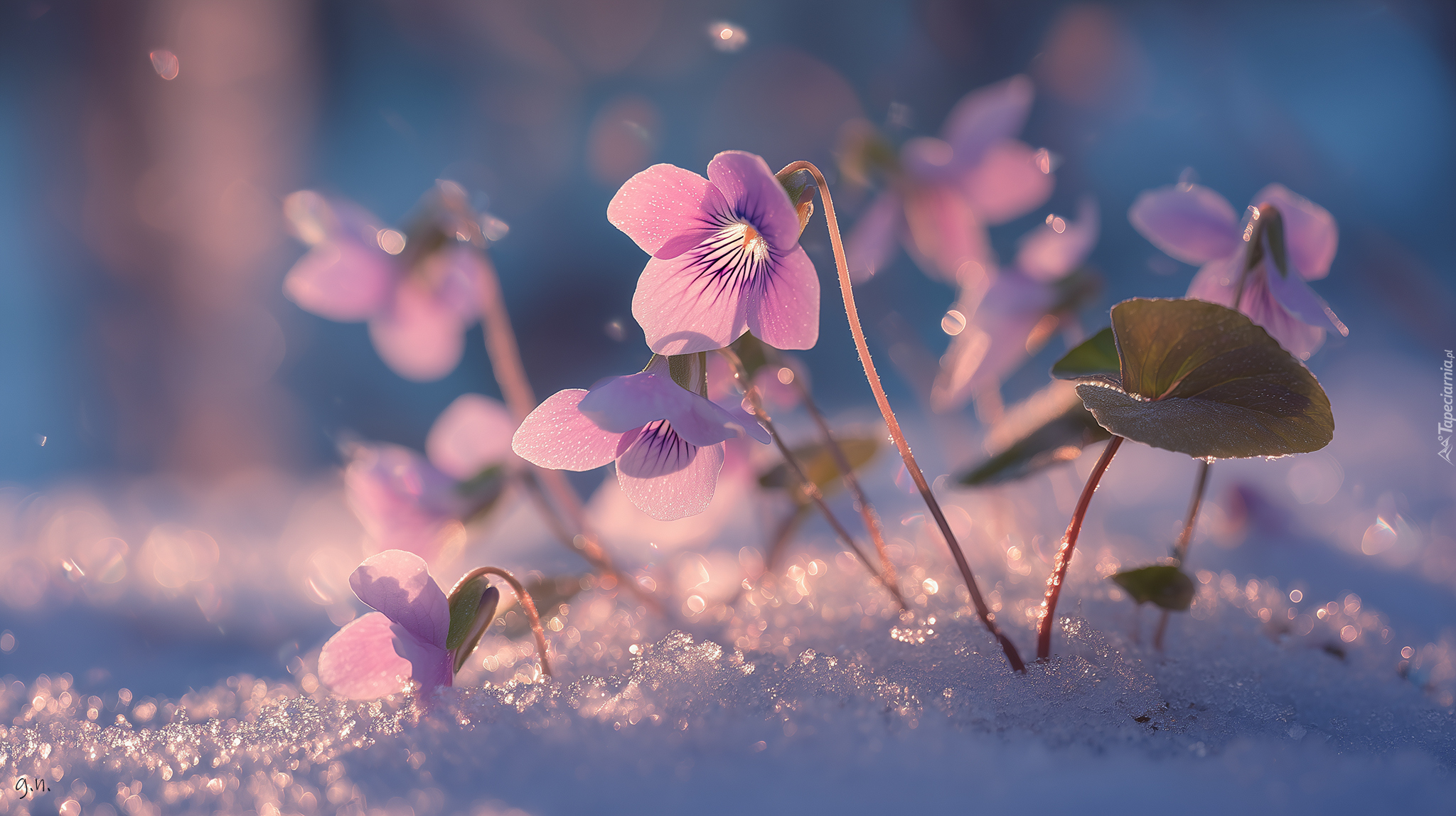 Różowe, Fiołki, Zima, Kwiaty, Grafika AI