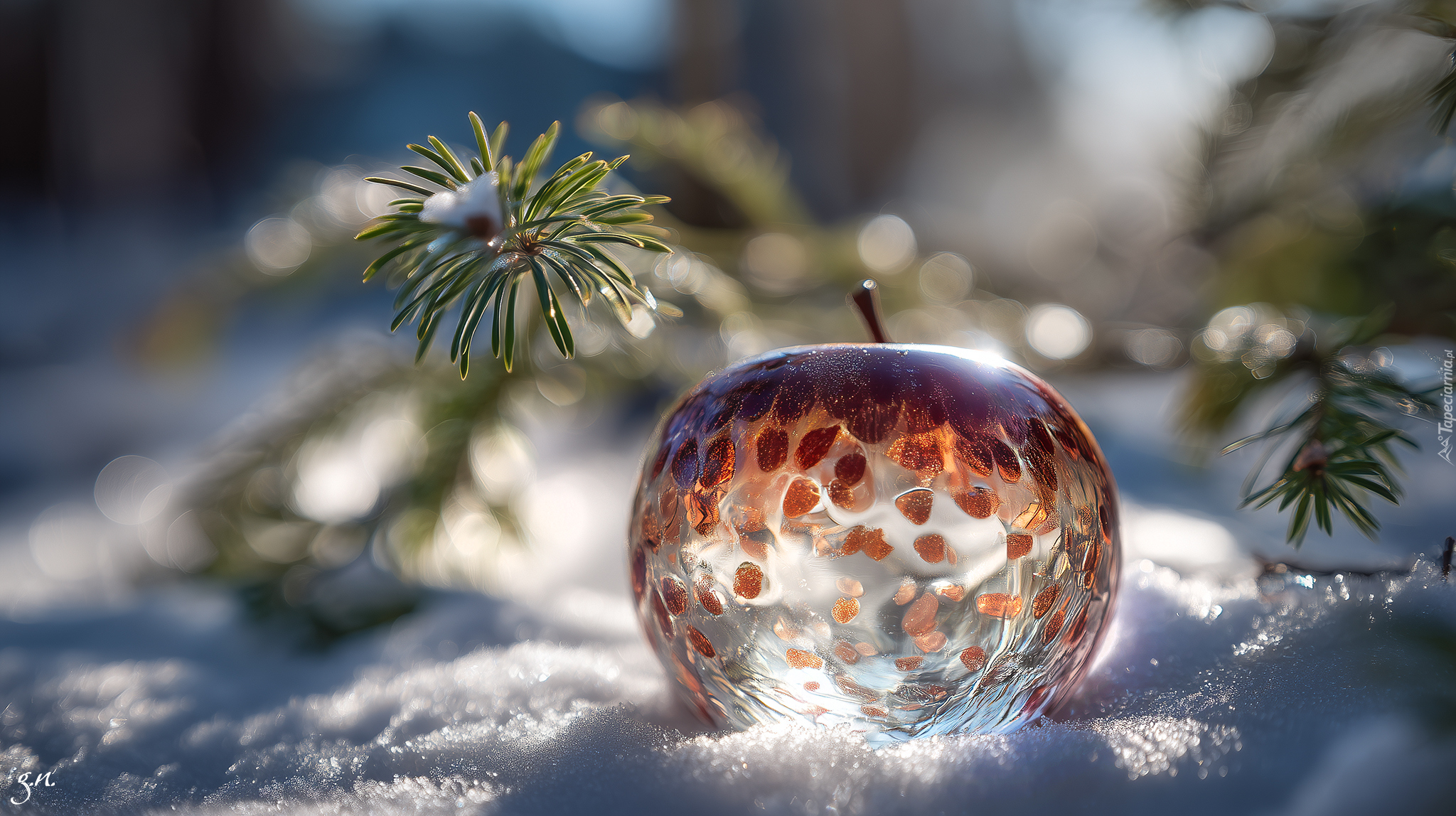 Szklane, Jabłko, Śnieg, Gałązki, Jodła, Grafika AI