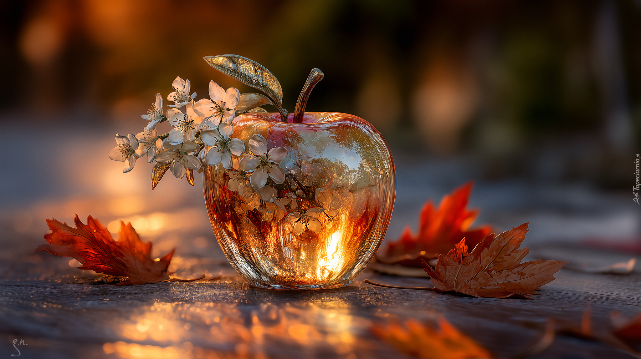 Szklane, Jabłko, Białe, Kwiaty, Liście, Grafika AI