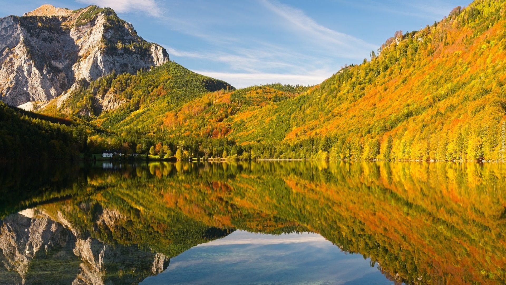 Jesień, Zalesione, Góry, Skały, Jezioro, Langbathseen, Austria