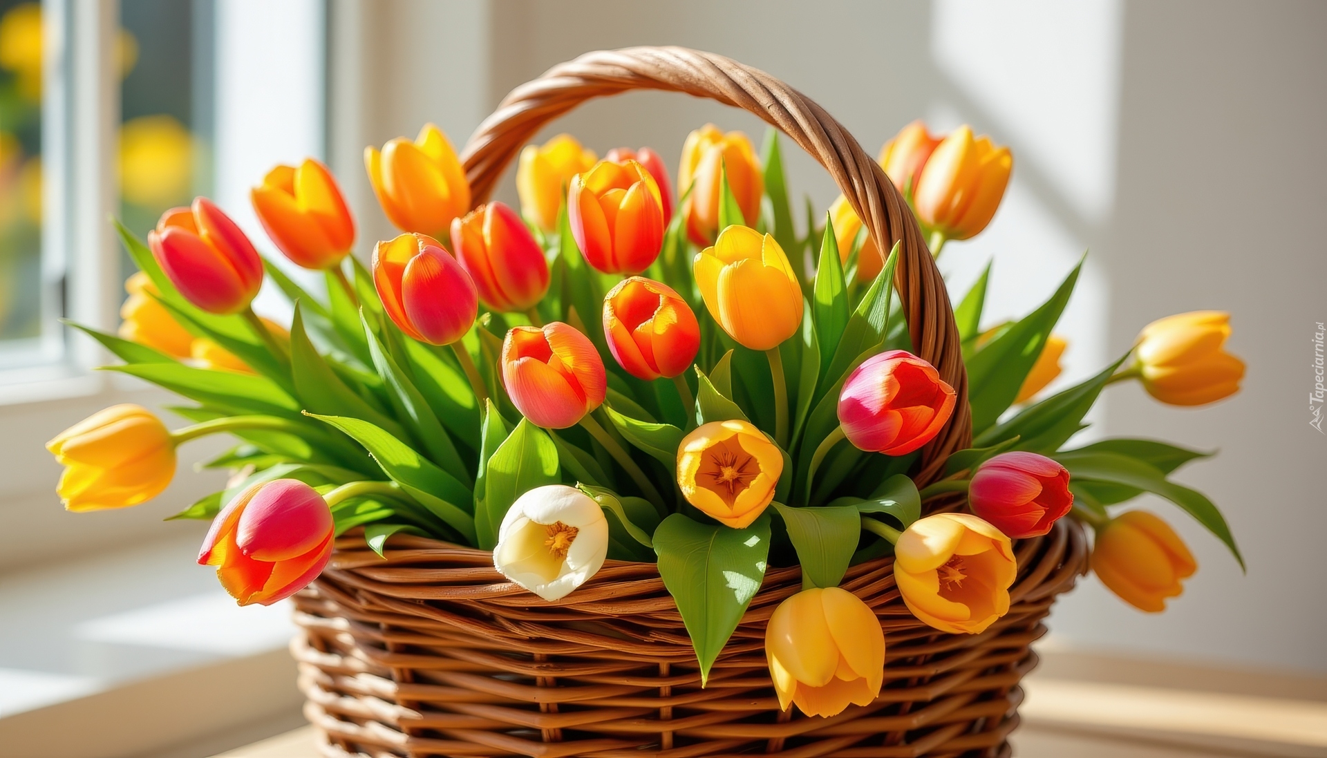 Kwiaty, Żółte, Czerwone, Tulipany, Wiklinowy, Koszyk