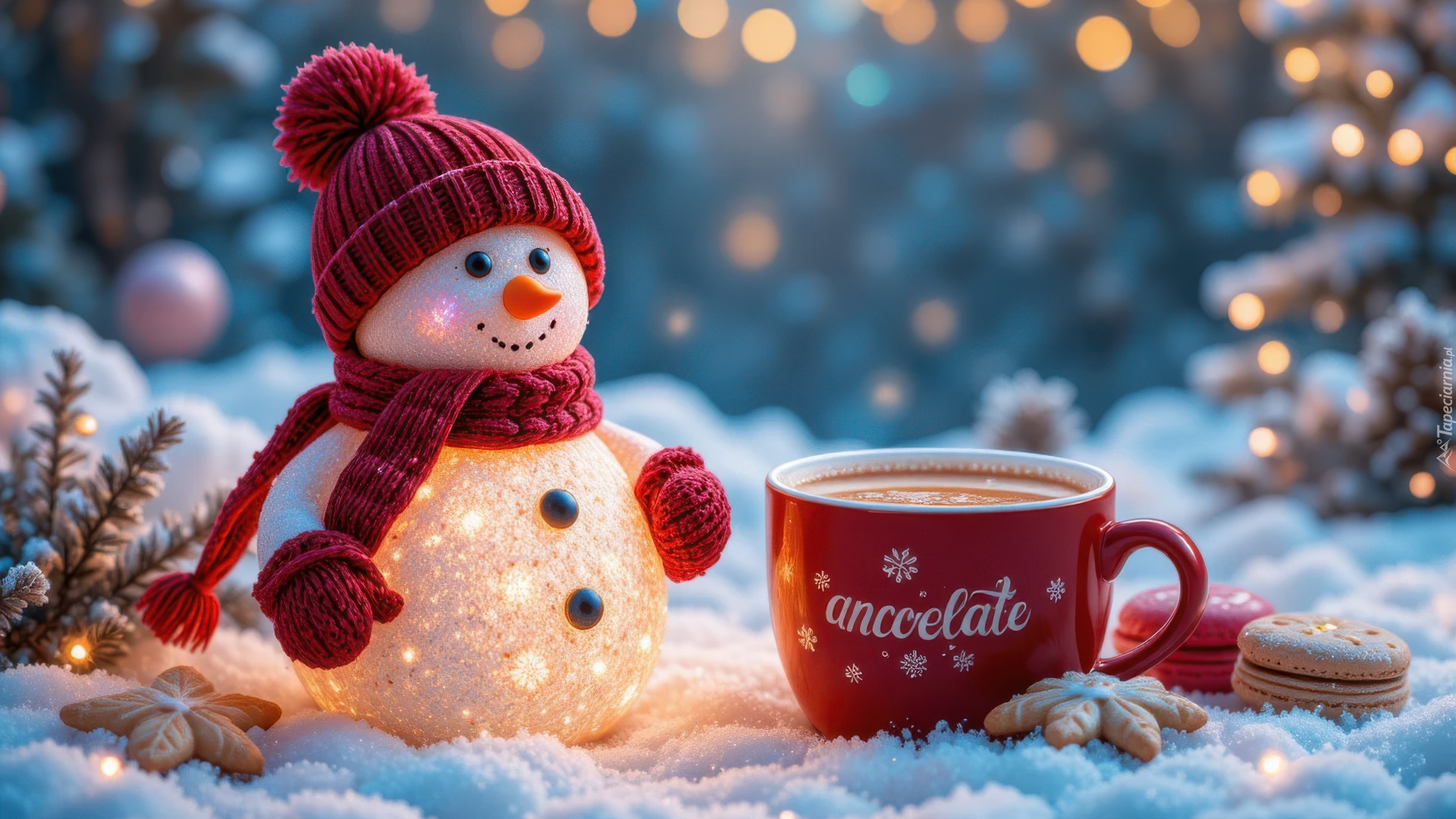 Rozświetlony, Bałwanek, Czapka, Szalik, Rękawice, Kubek, Kawa, Ciasteczka, Gałązki, Śnieg