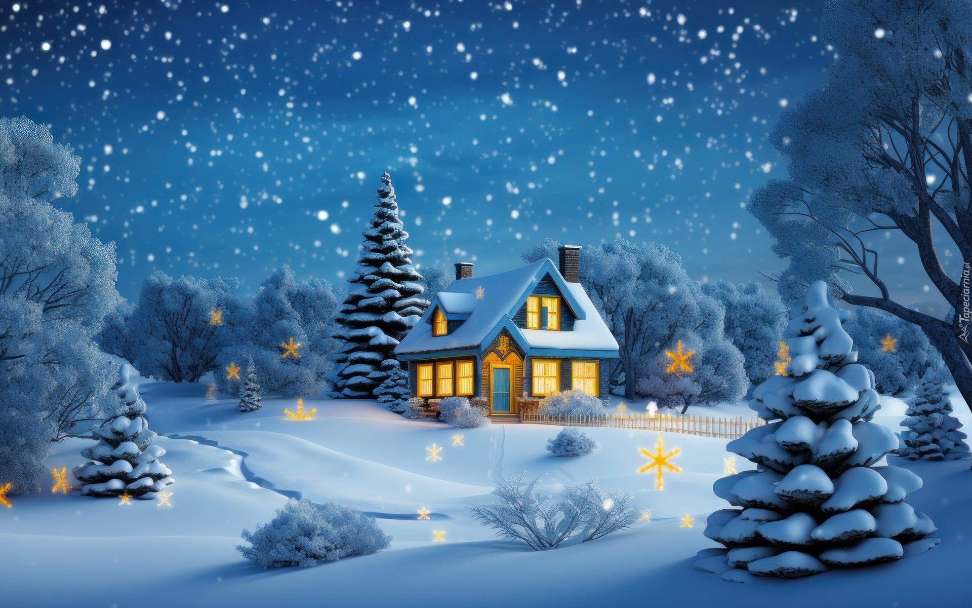 Zima, Dom, Drzewa, Śnieg, Grafika