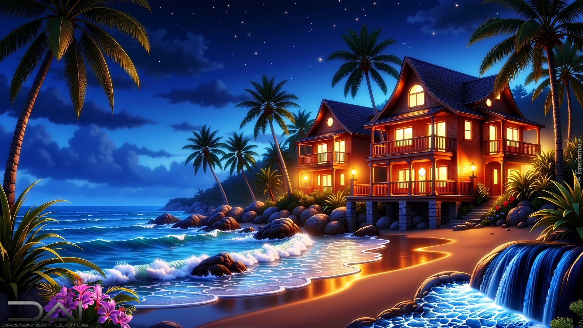 Plaża, Morze, Palmy, Domy, Grafika AI