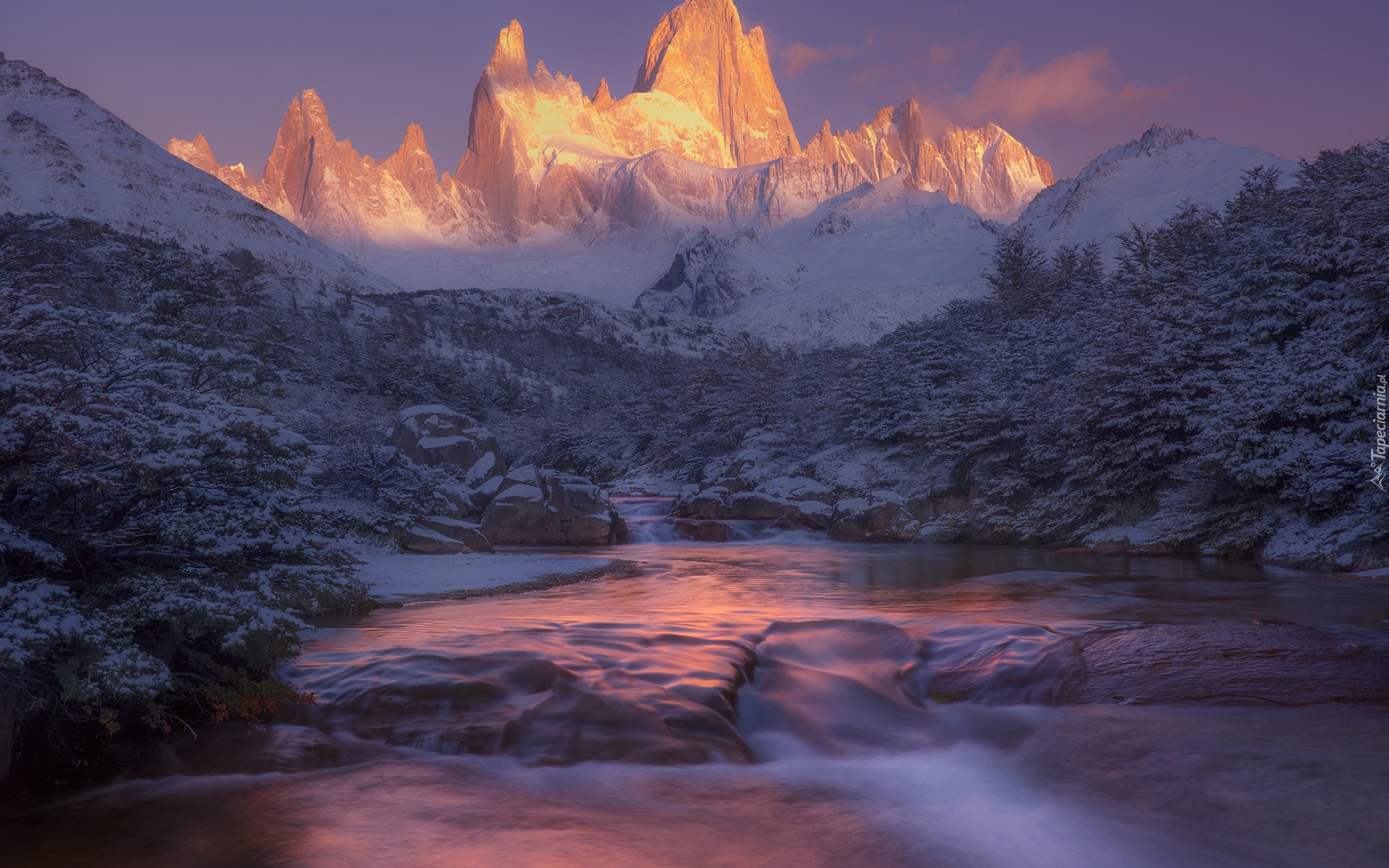 Zima, Park Narodowy Los Glaciares, Góry, Rozświetlony, Szczyt Fitz Roy, Rzeka, Krzewy, Kamienie, Skały, Patagonia, Argentyna