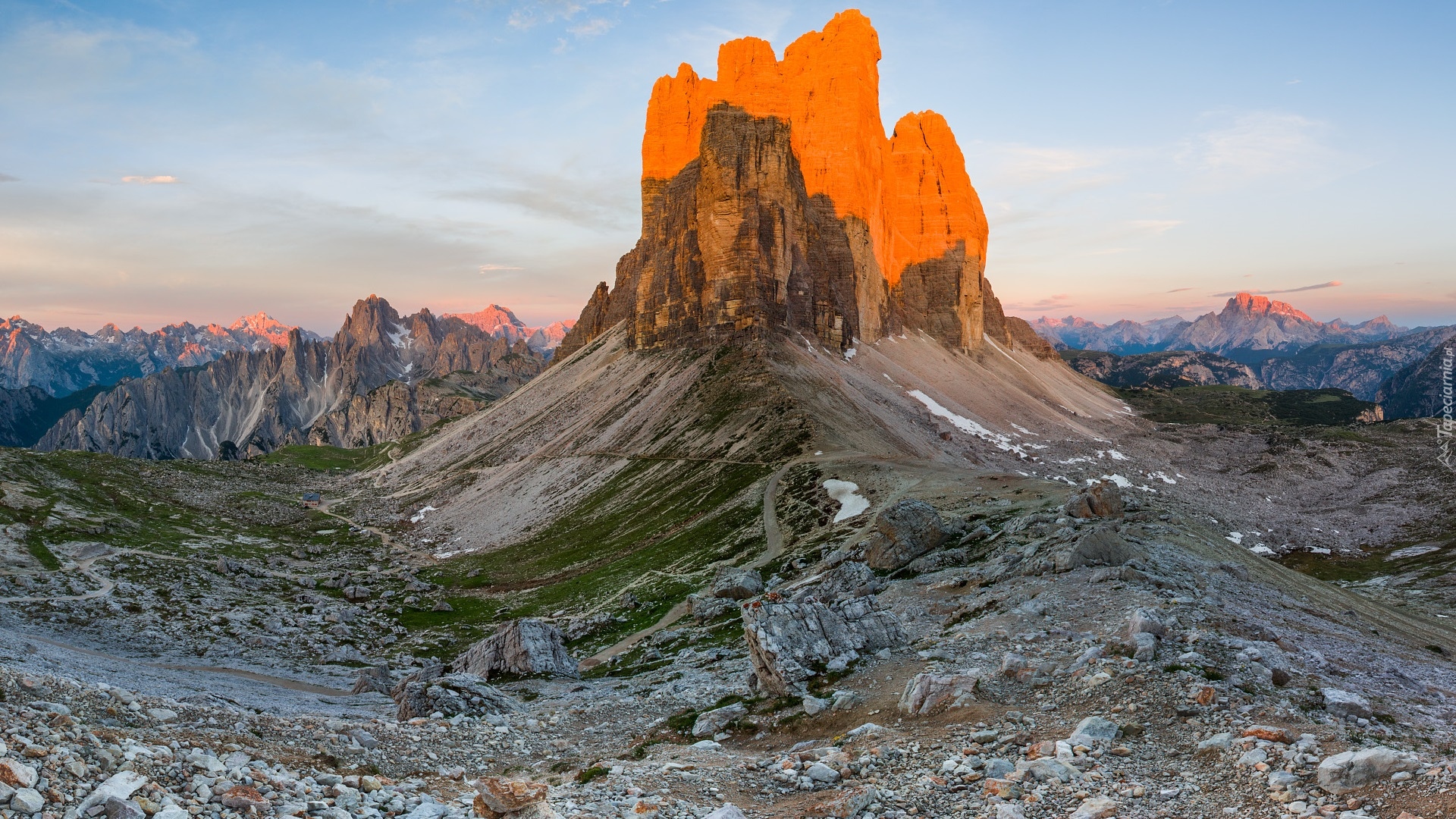 Góry, Dolomity, Rozświetlony, Masyw, Tre Cime di Lavaredo, Włochy