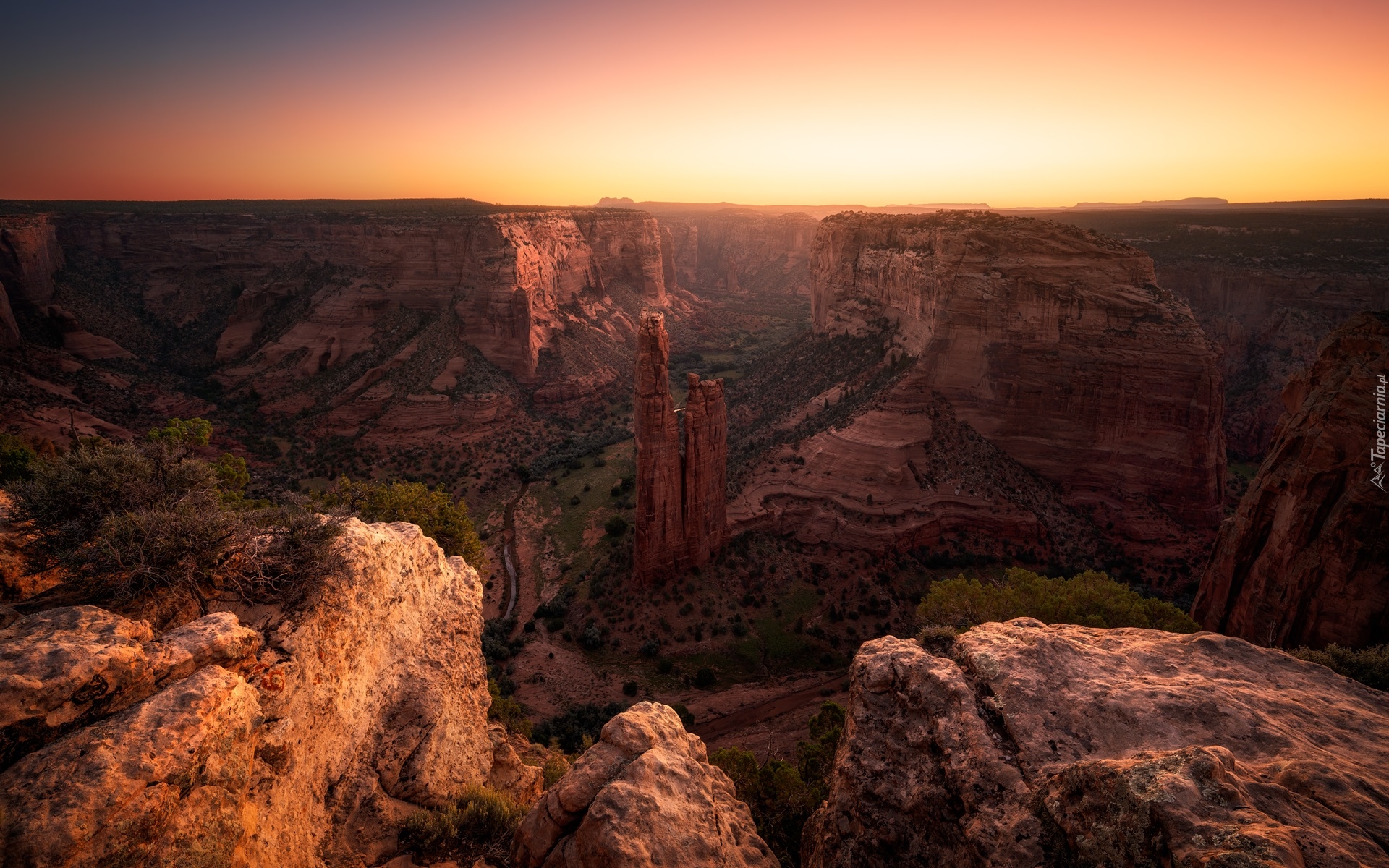 Stany Zjednoczone, Arizona, Kanion, Canyon de Chelly National Monument, Skały, Drzewa, Wschód słońca