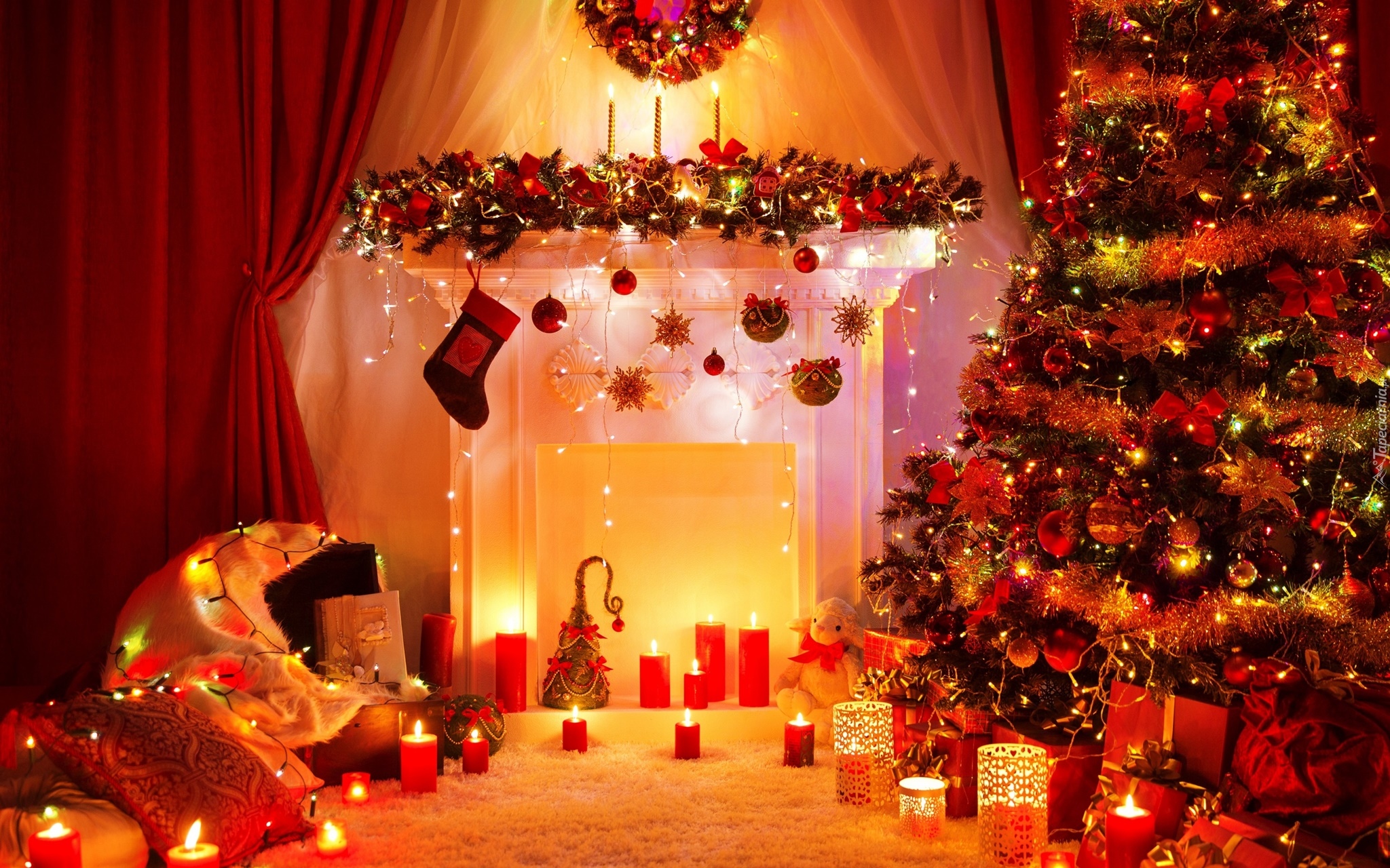 Boże Narodzenie, Choinka, Kominek, Światełka, Dekoracje, Świąteczne