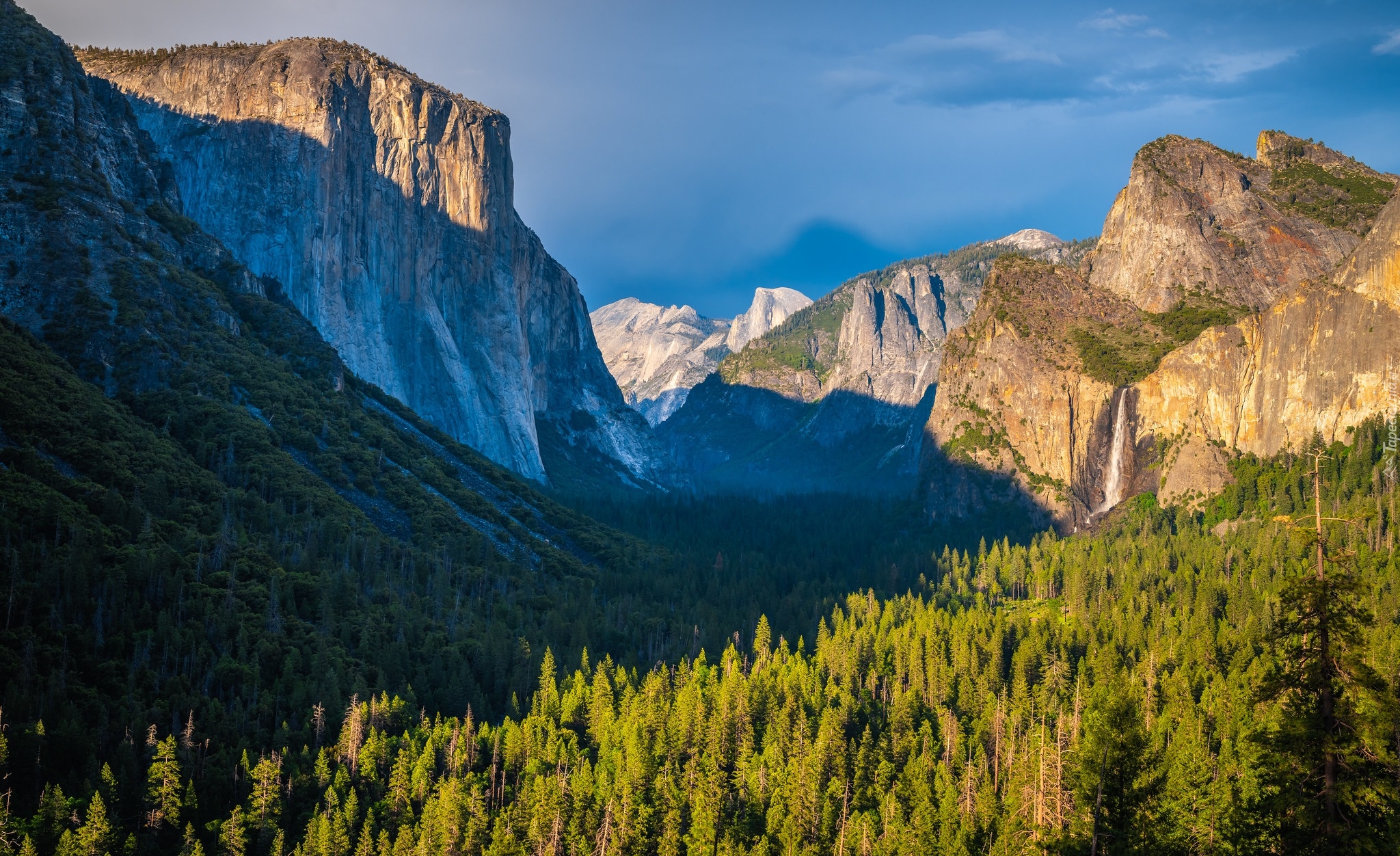 Dolina, Yosemite Valley, Góry, Wodospad, Las, Park Narodowy Yosemite, Stany Zjednoczone, Kalifornia