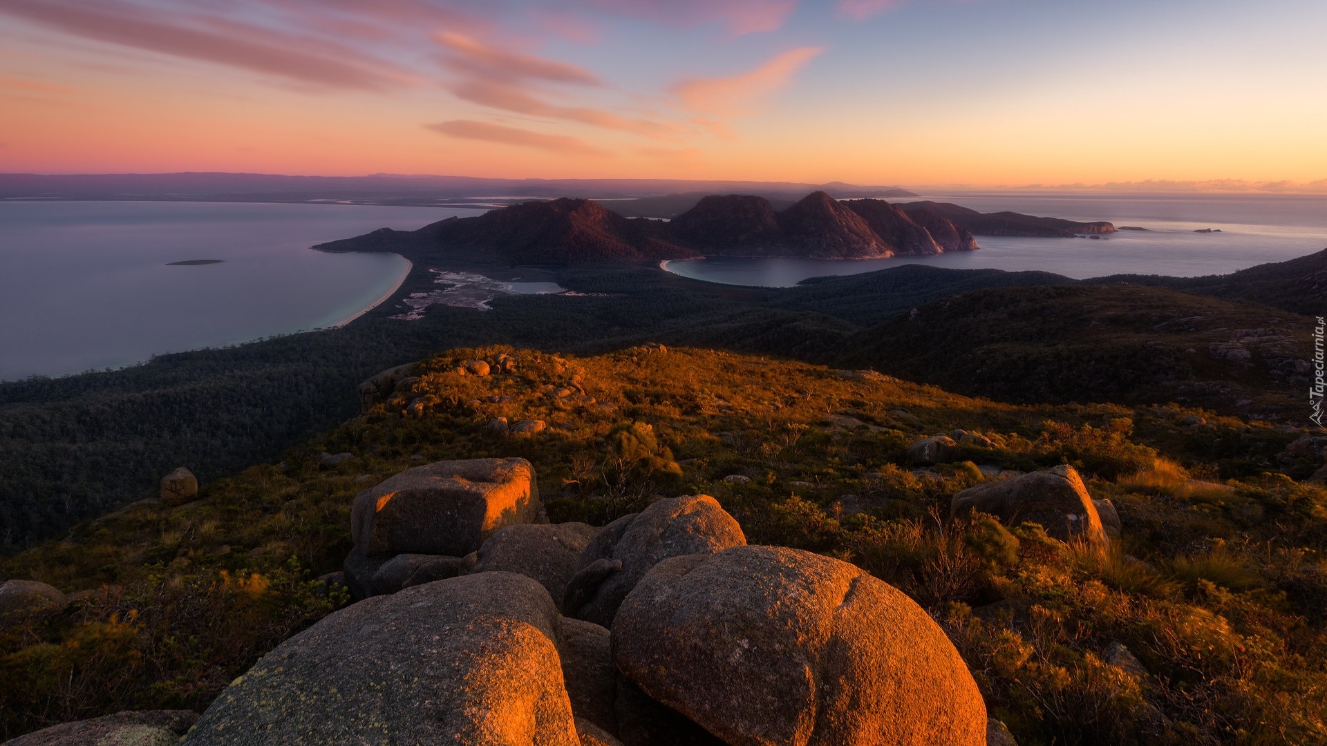 Morze, Skały, Kamienie, Wschód słońca, Półwysep Freycineta, Park Narodowy Freycineta, Tasmania, Australia
