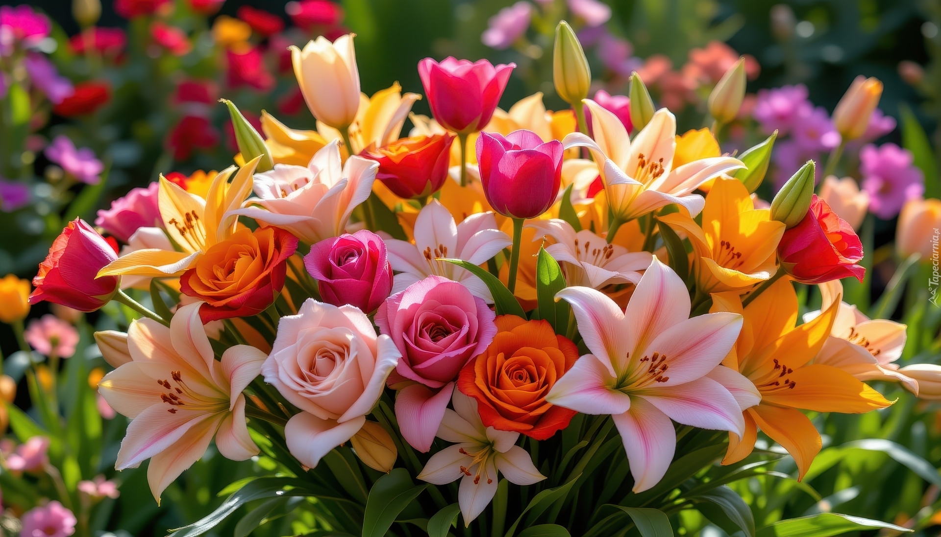 Kolorowe, Kwiaty, Tulipany, Róże, Lilie, Bukiet, Zbliżenie