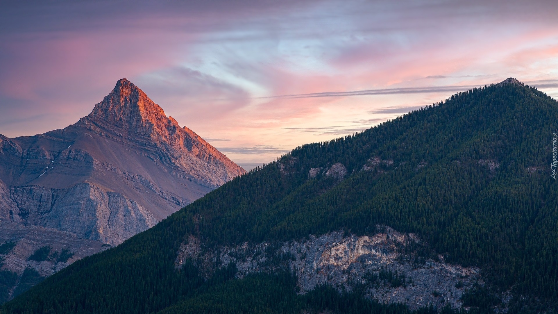 Góry, Three Sisters Mountain, Rozświetlony, Szczyt, Big Sister, Alberta, Kanada