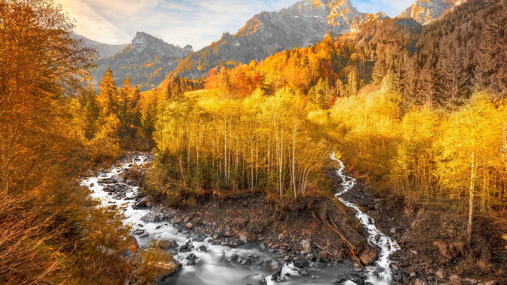 Jesień, Góry, Żółte, Drzewa, Kamienie, Rzeka, Grindelwald, Szwajcaria