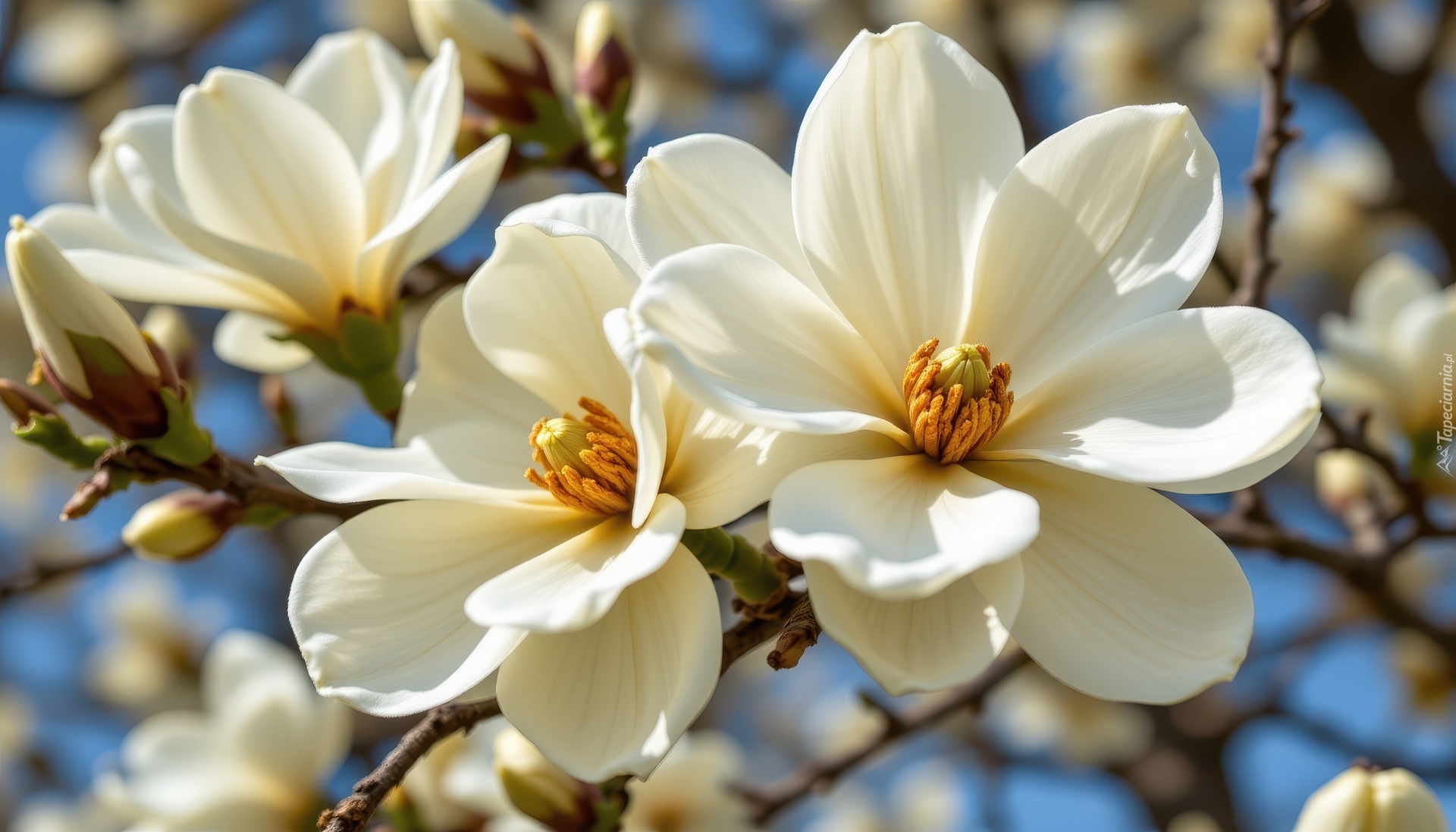 Rozwinięte, Białe, Kwiaty, Magnolia, Gałązki